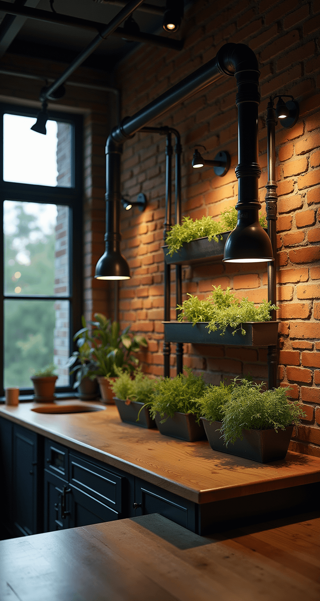 Create a Stunning Kitchen Herb Wall: Your Ultimate Guide to Vertical Gardening Industrial loft kitchen with an exposed brick backdrop, featuring a black metal pipe herb garden with brass fittings, illuminated by dramatic evening lighting from track systems. Geometric metal containers hold fresh herbs, with a corner view shot at 24mm emphasizing the ceiling height and industrial elements, creating a moody atmosphere through mixed lighting.