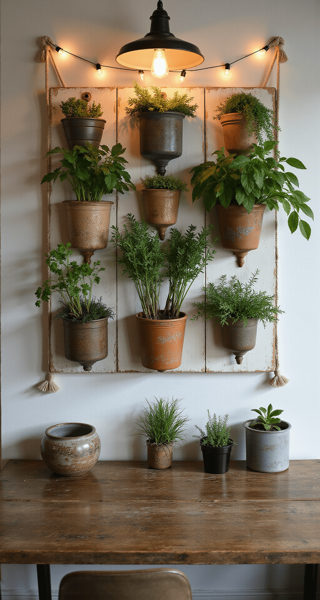 Create a Stunning Kitchen Herb Wall: Your Ultimate Guide to Vertical Gardening A bohemian kitchen featuring a macramé-accented wooden herb wall adorned with mismatched vintage containers filled with cascading herbs, set against whitewashed wooden planks, illuminated by late afternoon natural light and warm string lights, captured in an intimate straight-on view at 50mm to emphasize its eclectic styling and organic arrangements.