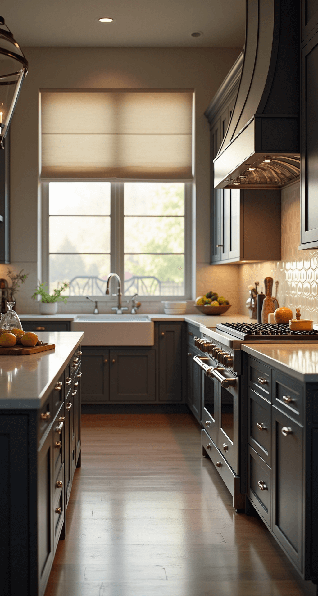 A transitional kitchen illuminated by late afternoon light, featuring a GE smart appliance suite in slate finish, a prominent touchscreen hub displaying cooking instructions, and an island with a built-in sous vide station and smart scale, all enhanced by a marble backsplash and atmospheric golden hour lighting.