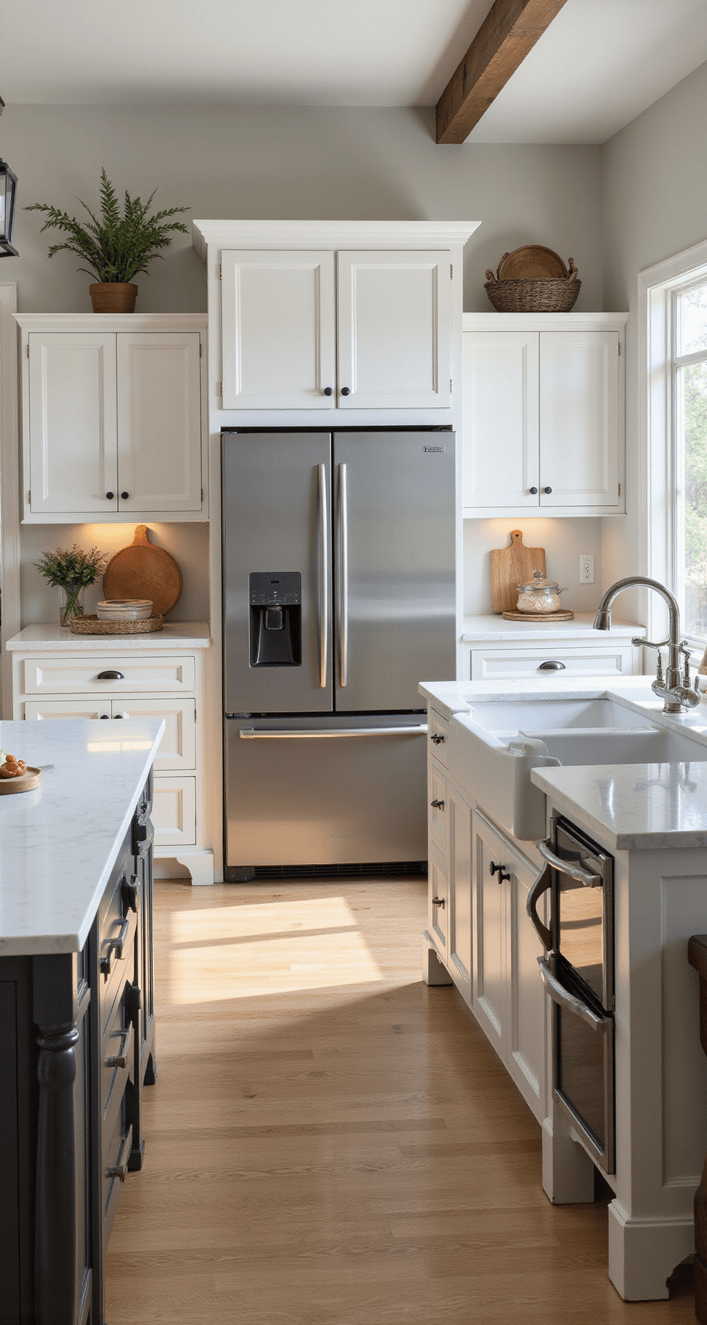 Aerial view of a sunlit farmhouse kitchen featuring Monogram professional appliances, including a smart fridge with interior cameras, white shaker cabinets with smart lighting, and a large center island with a touchless faucet and water filtration display, blending modern technology with traditional design.