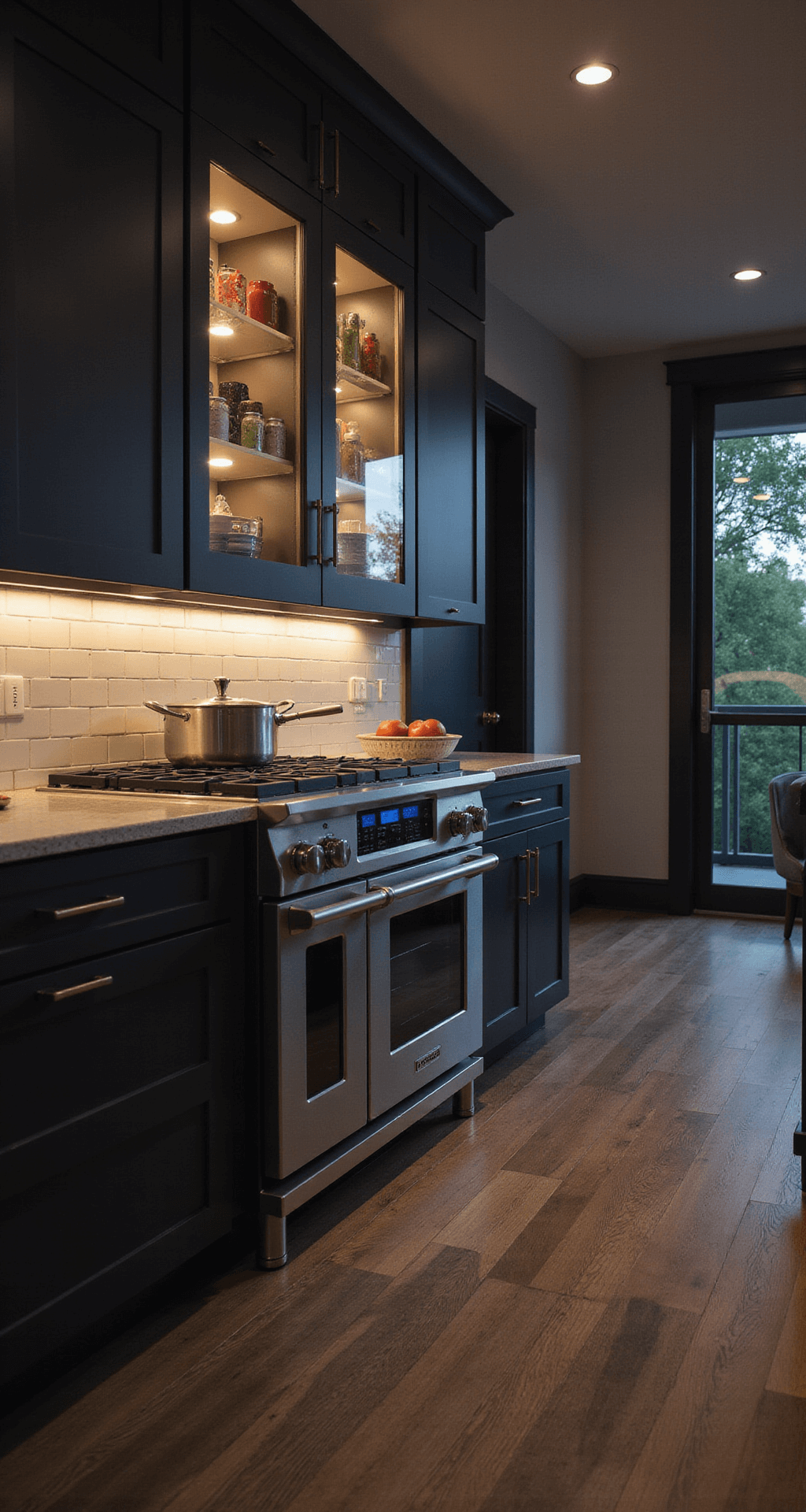Evening scene of a contemporary kitchen featuring Hamilton Beach smart appliances, with a voice-controlled cooking station and integrated safety sensors; backlit glass cabinets showcase a smart organization system, while dramatic accent lighting highlights the advanced technology.