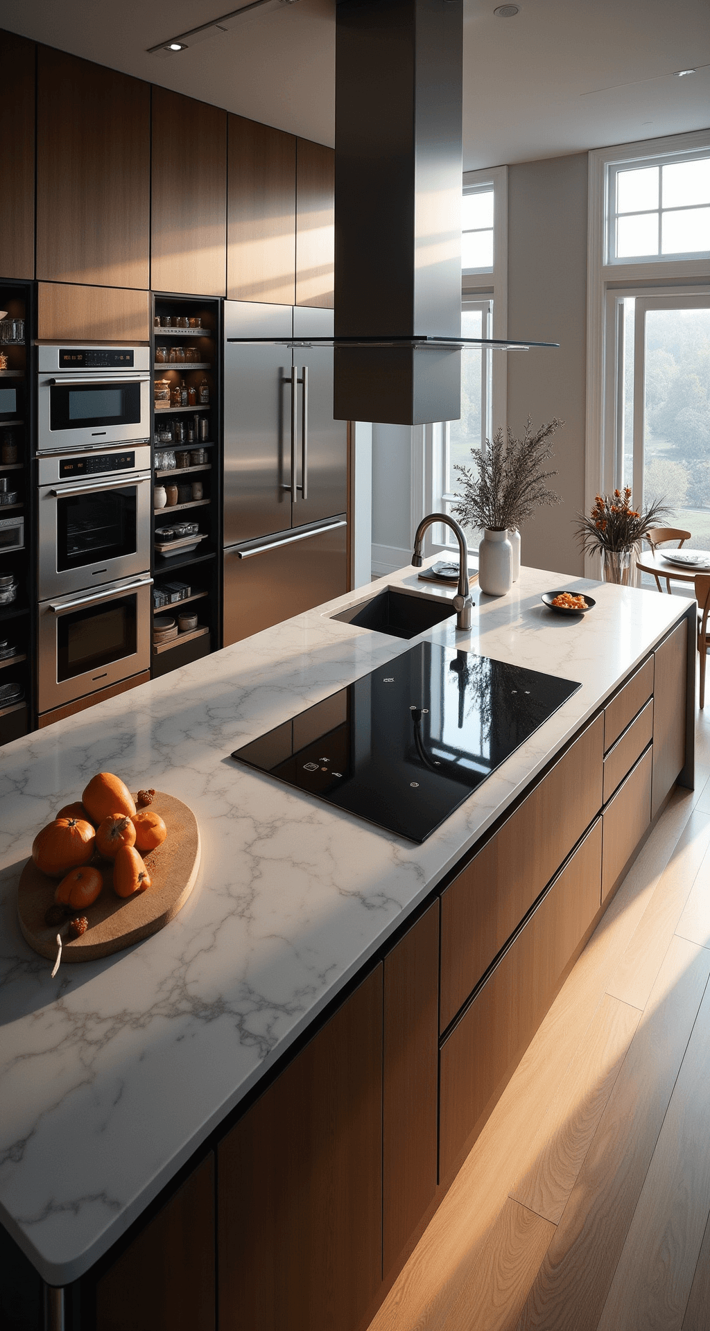 A luxurious 16x20ft kitchen bathed in morning light, featuring a professional-grade induction cooktop on a large island, a smart refrigeration wall, automated cabinets with sensor lighting, and a sophisticated layered lighting design in cool metallics and warm woods.