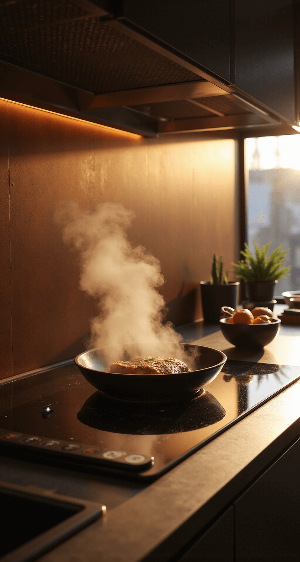 A contemporary cooking station at golden hour, featuring a smart induction cooktop with an overhead camera, a floating digital display, warm copper accents, and graphite countertops. Steam rises from a sous vide setup, highlighting the interaction between technology and the cook.