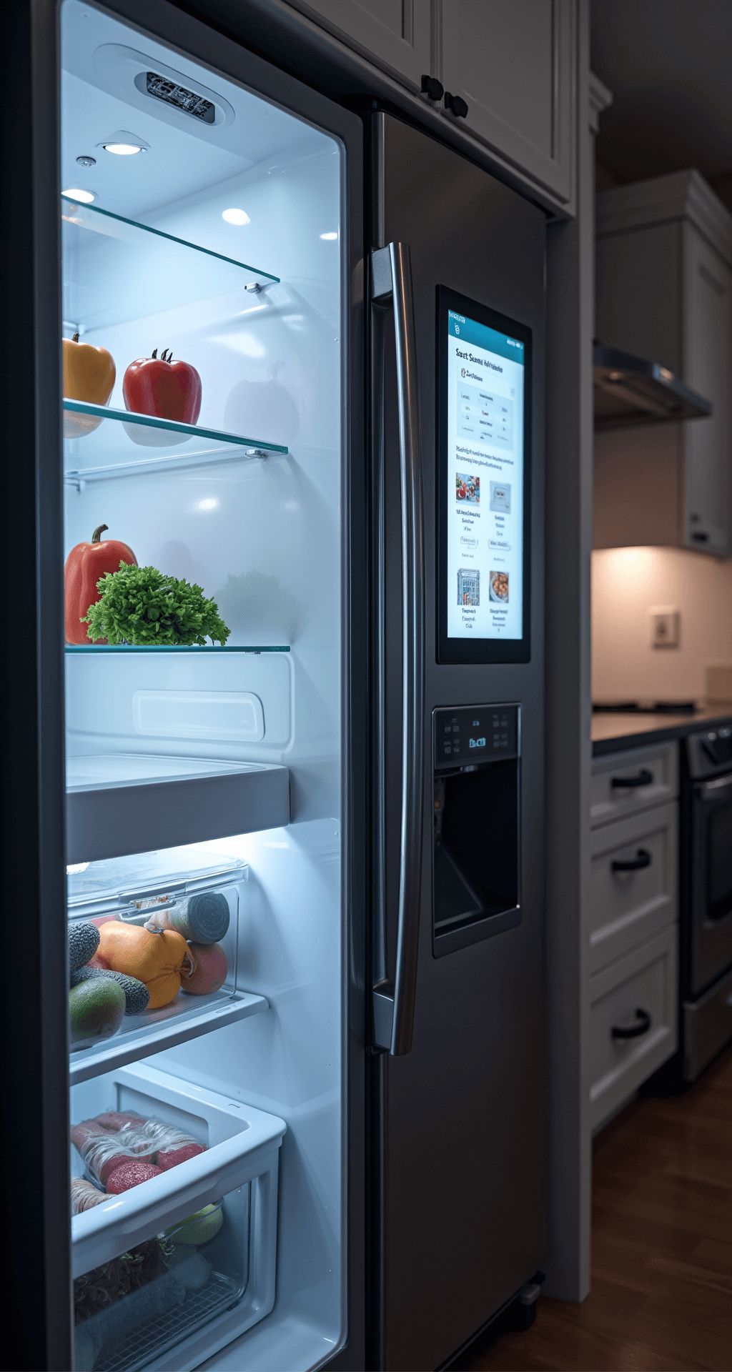 Low-angle view of a 36-inch French door smart refrigerator in midnight stainless steel, showcasing its illuminated interior with glass shelves and transparent bins, while a digital inventory and meal planning interface is displayed on the side panel.
