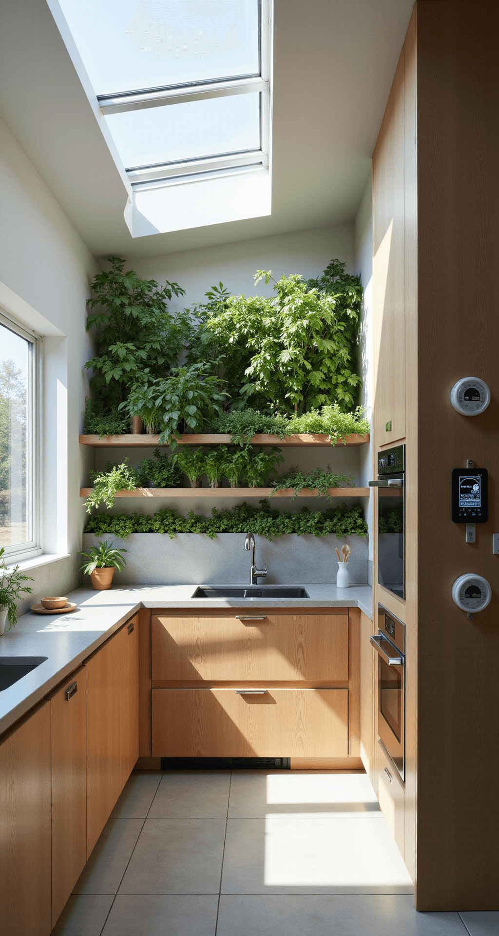 Bright midday scene of an energy-efficient smart kitchen featuring solar-powered skylights, ENERGY STAR appliances, smart power meters on wall-mounted tablets, and a living wall of herbs, shot from above to highlight the systematic layout and blend of earth tones with modern chrome finishes.