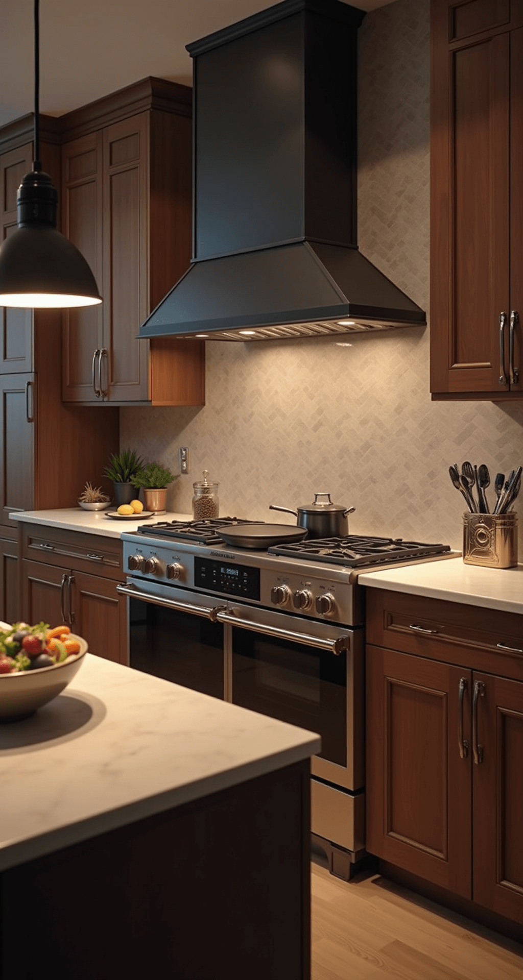 A modern evening kitchen featuring a touchless faucet and gesture-controlled pantry, illuminated by warm pendant and task lights, with rich walnut cabinets and sleek glass and steel surfaces.