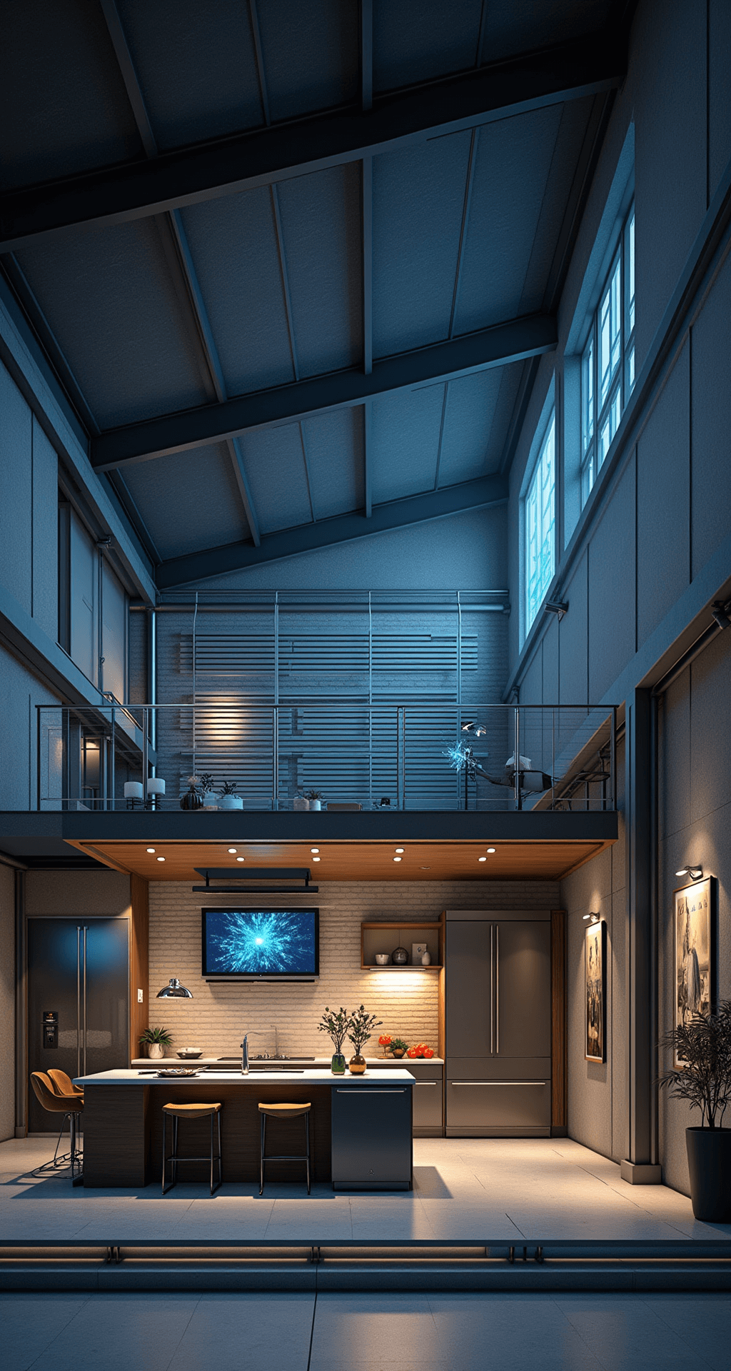 Aerial view of a modern smart kitchen ecosystem, showcasing integrated appliances, a central hub display, and automated systems in a 20x25ft space at twilight, with dramatic lighting emphasizing both industrial and cozy residential elements in a neutral palette with electric blue accents.