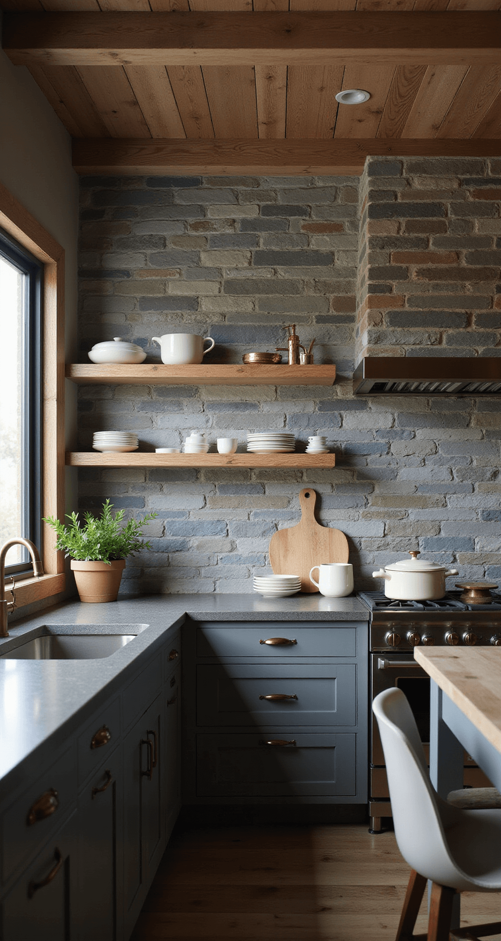 A high-angle shot of a rustic-modern kitchen with an L-shaped layout, showcasing a natural slate backsplash in gray tones, reclaimed wood open shelving, and copper fixtures, illuminated by early morning side lighting that emphasizes stone texture and creates moody shadows.