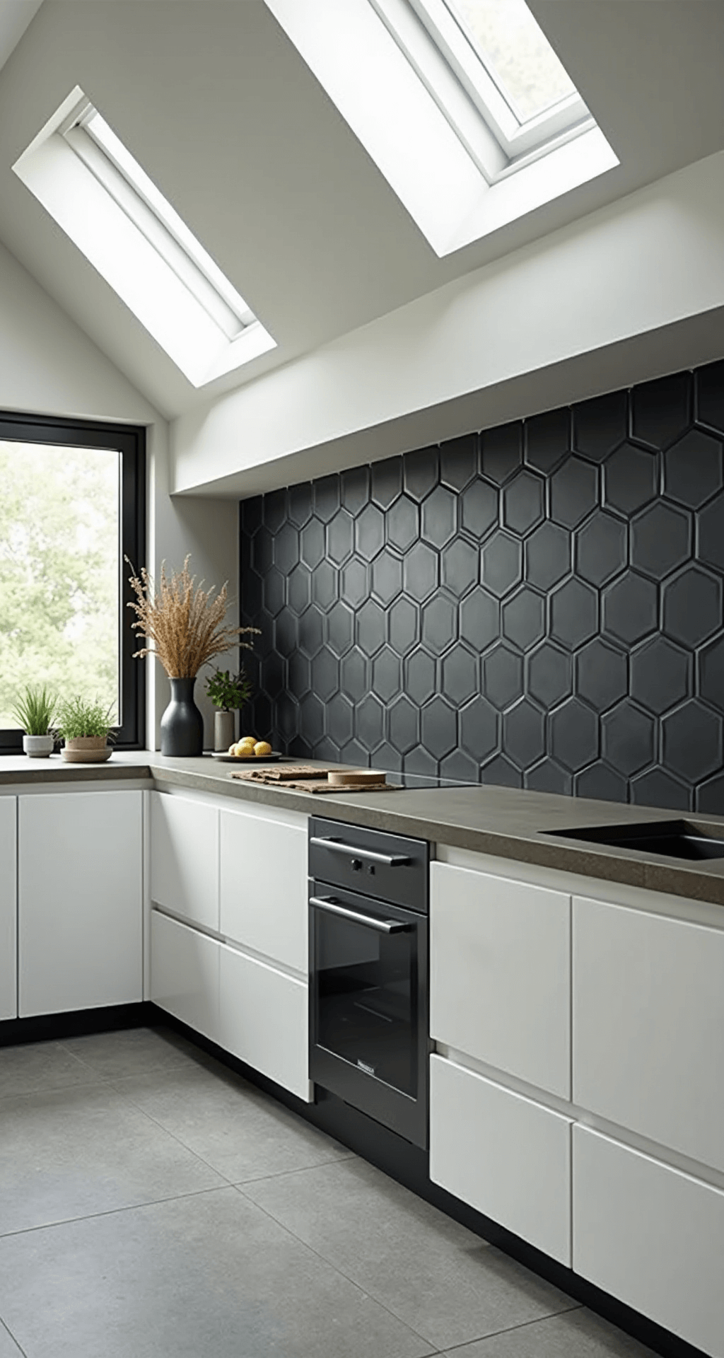 Contemporary kitchen with oversized matte charcoal hexagonal tile backsplash, concrete countertops, and blackened steel fixtures, illuminated by mid-morning light through skylights, featuring clean white cabinetry.