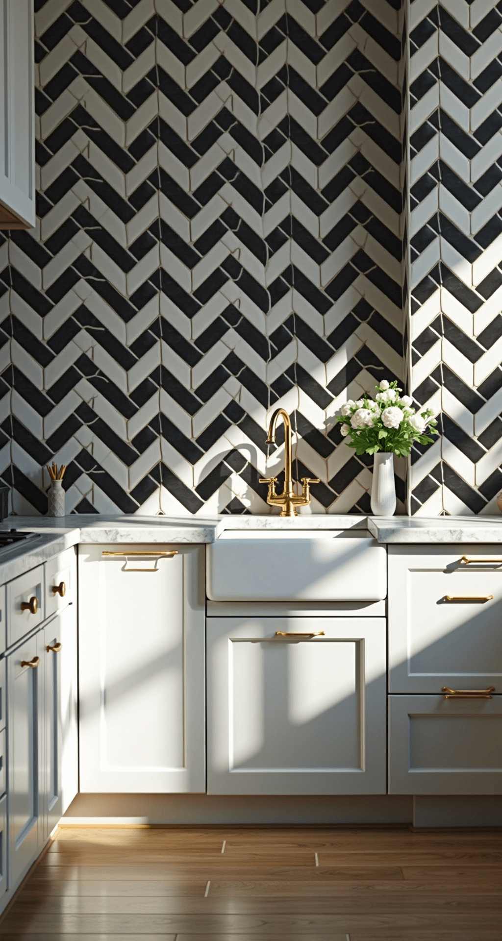 Designer kitchen with a high-contrast black and white chevron tile backsplash extending to the ceiling, illuminated by afternoon cross-lighting that highlights the pattern, featuring brass hardware and minimal accessories for a geometric impact.