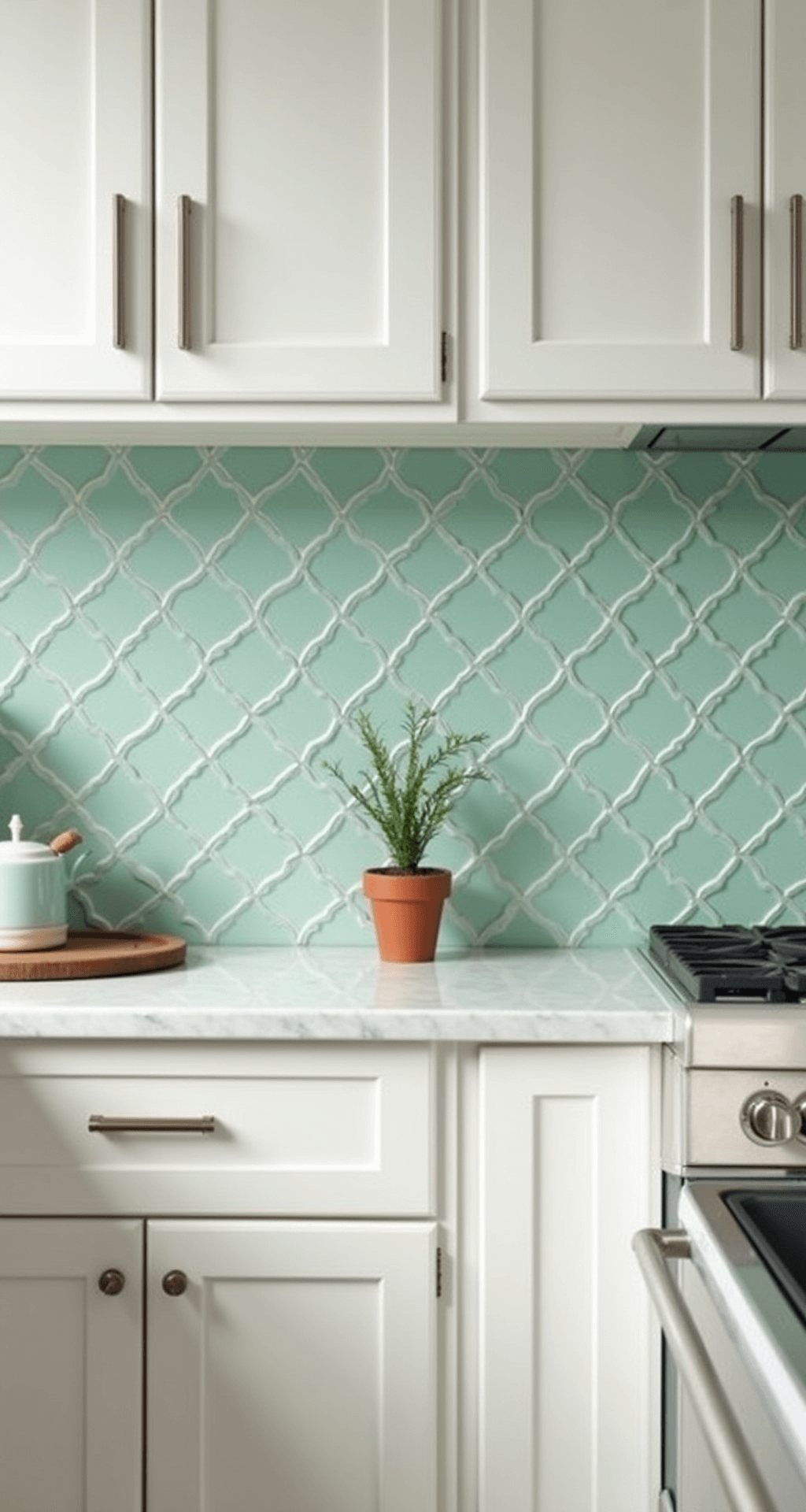 Coastal-inspired kitchen featuring a seafoam green scalloped tile backsplash, white shaker cabinets, honed marble counters, and brushed nickel hardware, illuminated by soft morning light creating gentle shadows, with a shallow depth of field emphasizing tile detail.