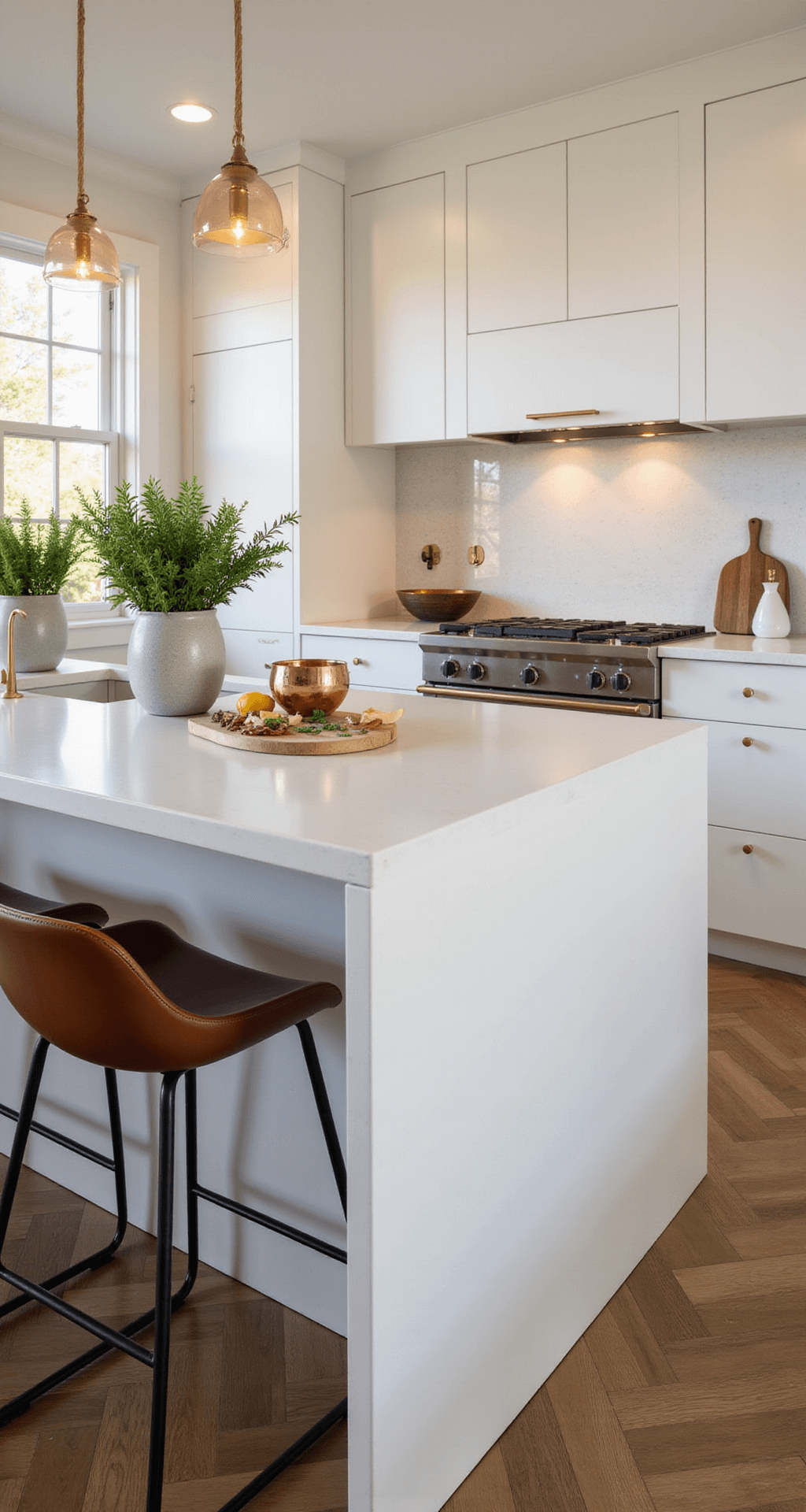 Ultimate Guide to Kitchen Island Designs: Transform Your Culinary Space A modern kitchen with a bright, airy feel featuring a large white quartz island, floor-to-ceiling windows, and sleek leather barstools, adorned with artisanal ceramics and fresh herbs, captured during golden hour.