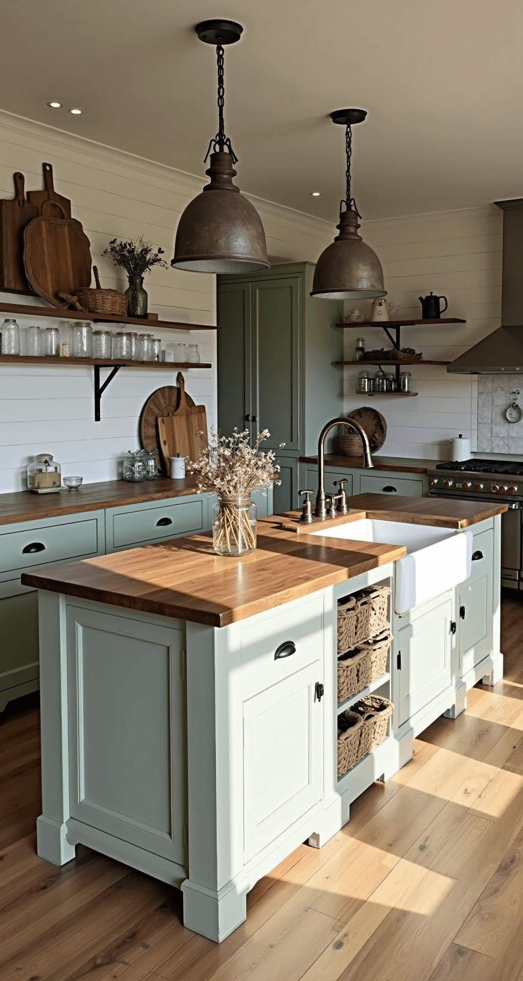 Ultimate Guide to Kitchen Island Designs: Transform Your Culinary Space Wide-angle view of a farmhouse kitchen featuring a reclaimed barn wood island with a distressed white base, vintage pendant lights, a farmhouse sink with bronze faucet, open shelving with antique crockery, and sage green cabinets against a shiplap backdrop.