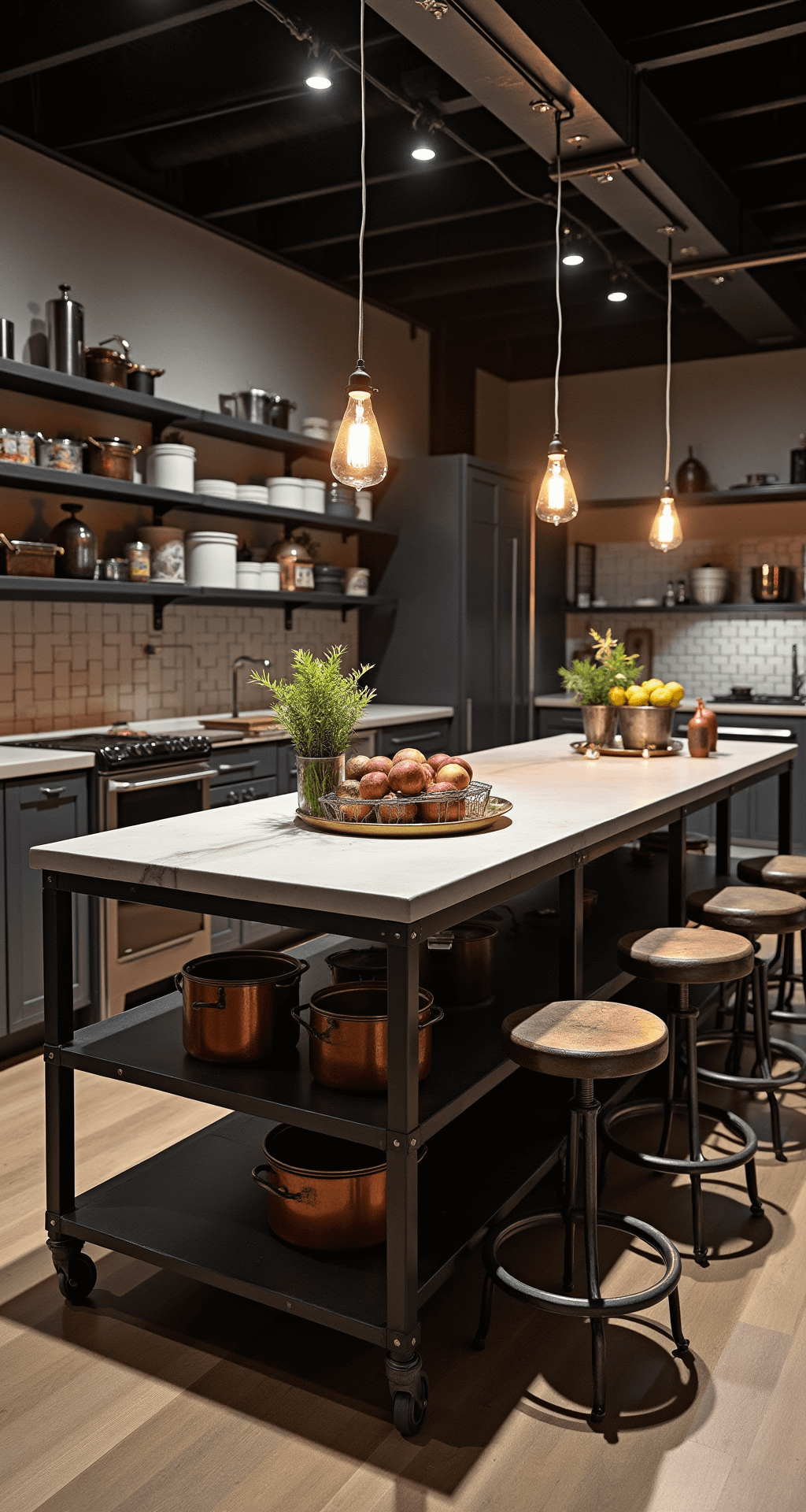 Ultimate Guide to Kitchen Island Designs: Transform Your Culinary Space Low-angle twilight shot of an industrial-style kitchen featuring a 7' metal and concrete island with a polished top and wheeled base, exposed steel framework, overhead track lighting casting dramatic shadows, open shelving displaying copper cookware, three vintage factory stools, a subway tile backsplash, Edison bulb pendants, metal fruit baskets, and scattered cooking tools, all contributing to a moody atmosphere focused on material textures.