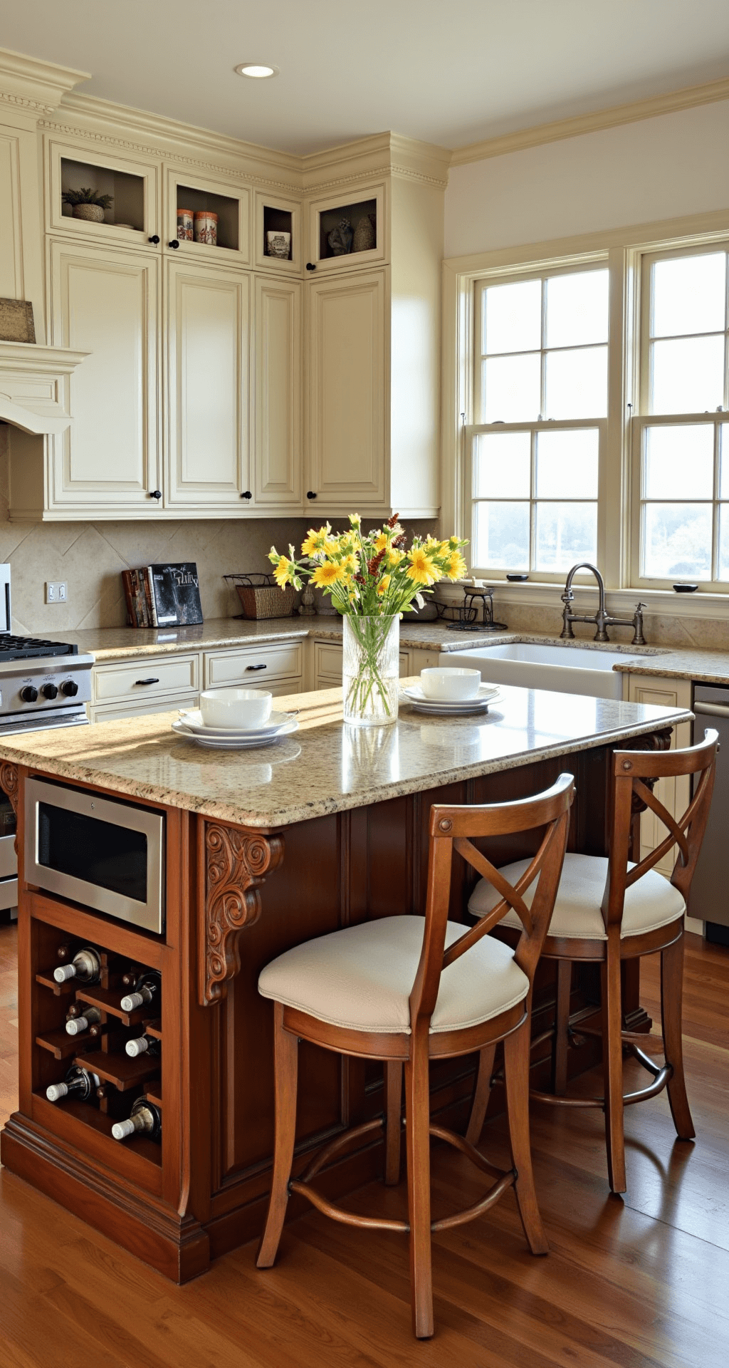 Ultimate Guide to Kitchen Island Designs: Transform Your Culinary Space Bird's eye view of a traditional kitchen at breakfast time, featuring a cherry wood island with granite top, wine storage, and seating for three, surrounded by classic white cabinets and morning light streaming through mullioned windows, complemented by fresh flowers and a silver tea service.