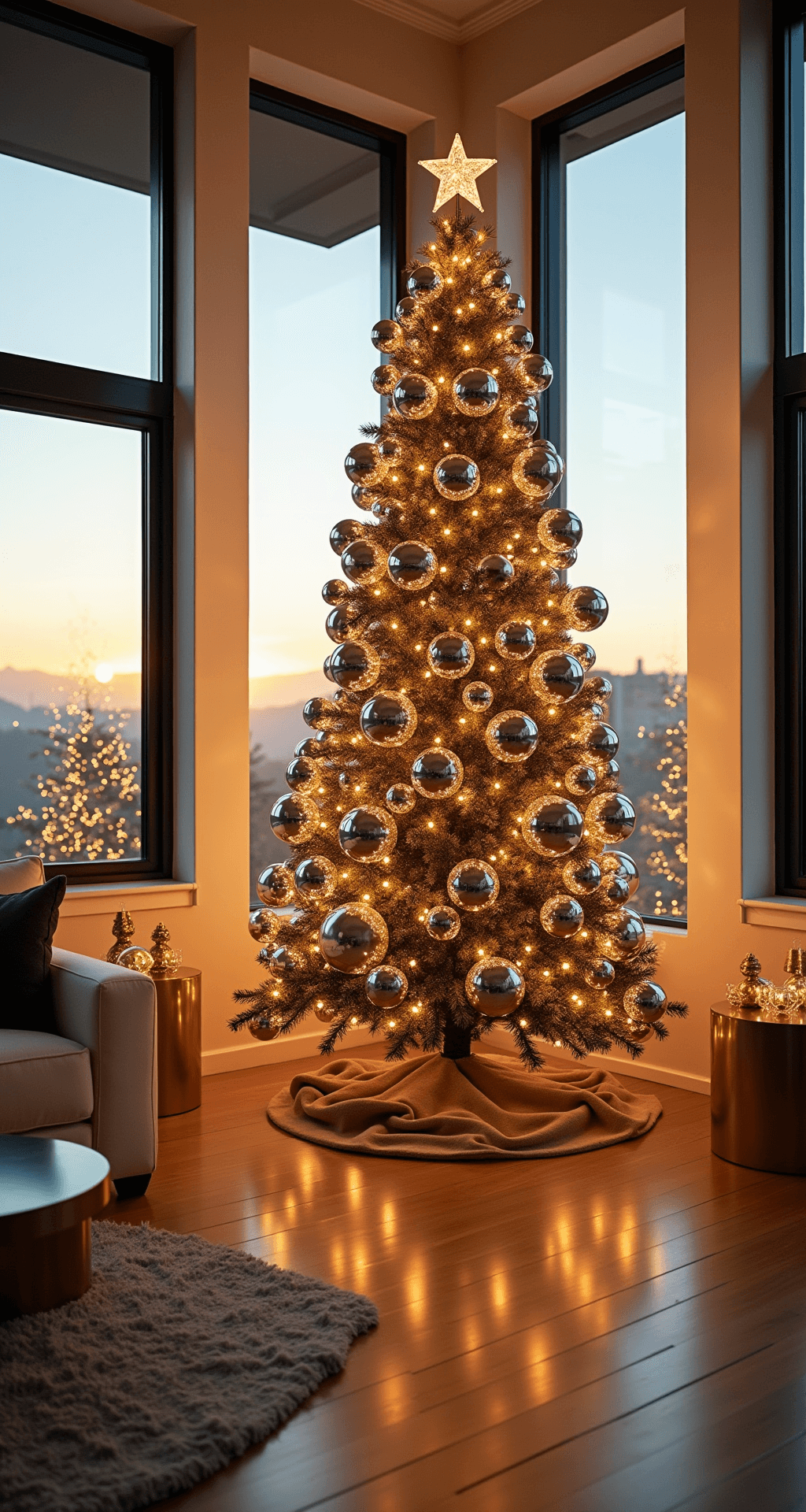 A modern living room with a high ceiling, featuring a large Christmas tree adorned with mirror balls and warm LED lights, bathed in golden hour sunlight that casts dancing reflections, alongside a cream linen sofa and brass side tables.