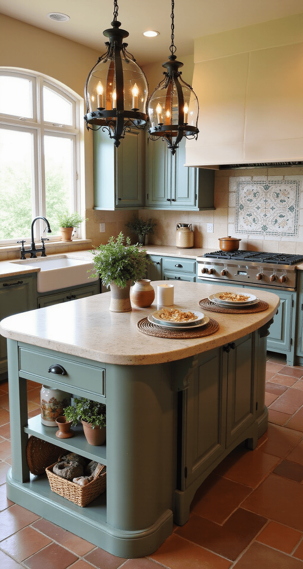 Ultimate Guide to Kitchen Island Designs: Transform Your Culinary Space Mediterranean-style kitchen featuring a 7-foot curved island with a hand-painted ceramic tile base and limestone top, wrought iron pendant lights casting intricate shadows, a built-in wine rack, prep sink with copper fixtures, terracotta floor tiles, and styled with potted herbs, woven placemats, and collected pottery, all bathed in warm natural light.