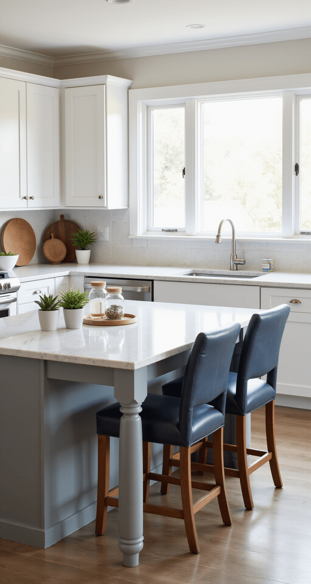Ultimate Guide to Kitchen Island Designs: Transform Your Culinary Space Transitional kitchen with gray island and marble waterfall countertop, central prep sink, navy leather barstools, white shaker cabinets, and decorative styling with glass canisters and succulents, illuminated by soft afternoon light.