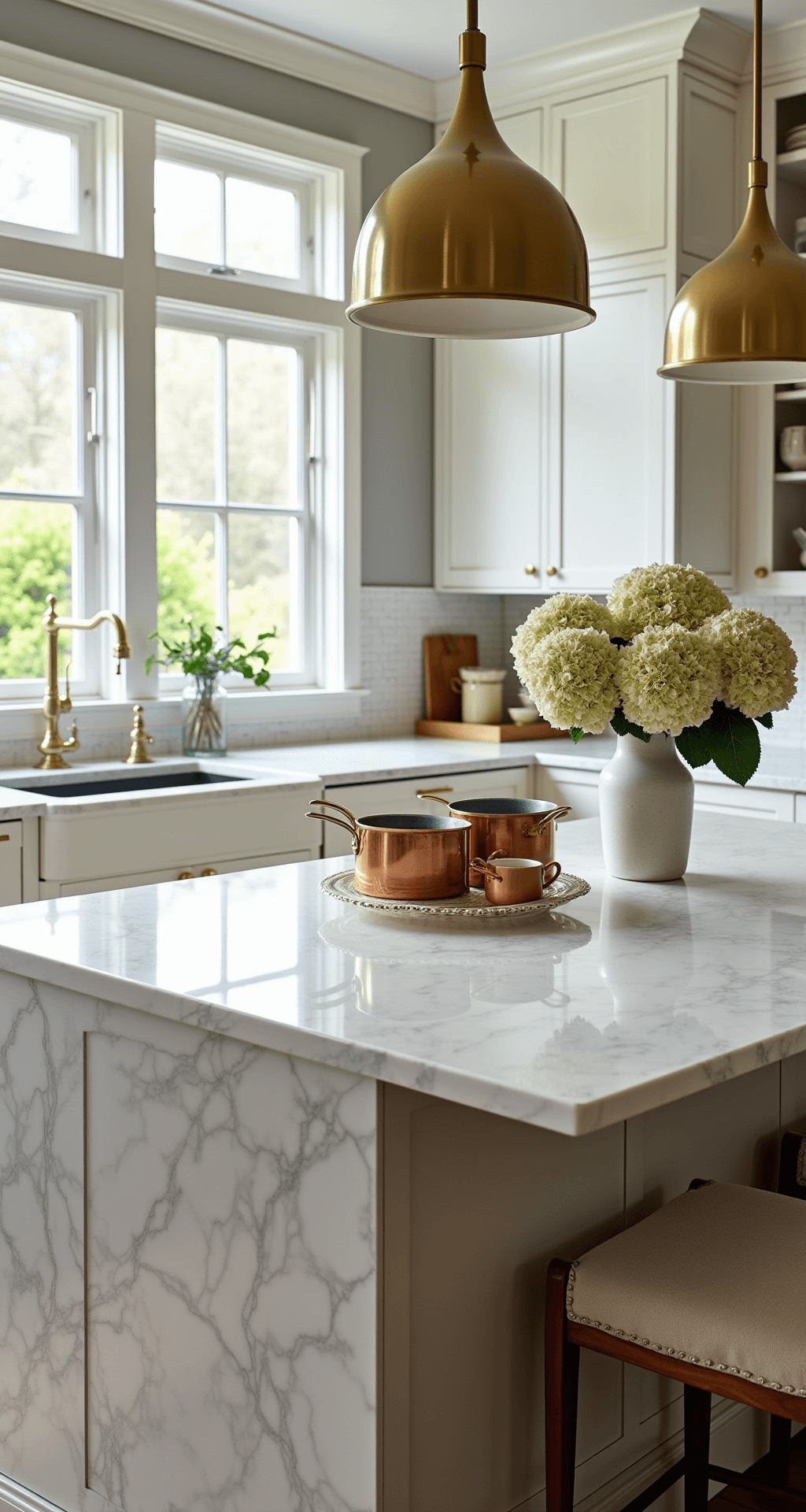 A spacious transitional kitchen features a dramatic Calacatta Gold marble waterfall island surrounded by white shaker cabinets, illuminated by morning light streaming through floor-to-ceiling windows, with brass pendant lights above, showcasing a collection of copper cookware and fresh hydrangeas.