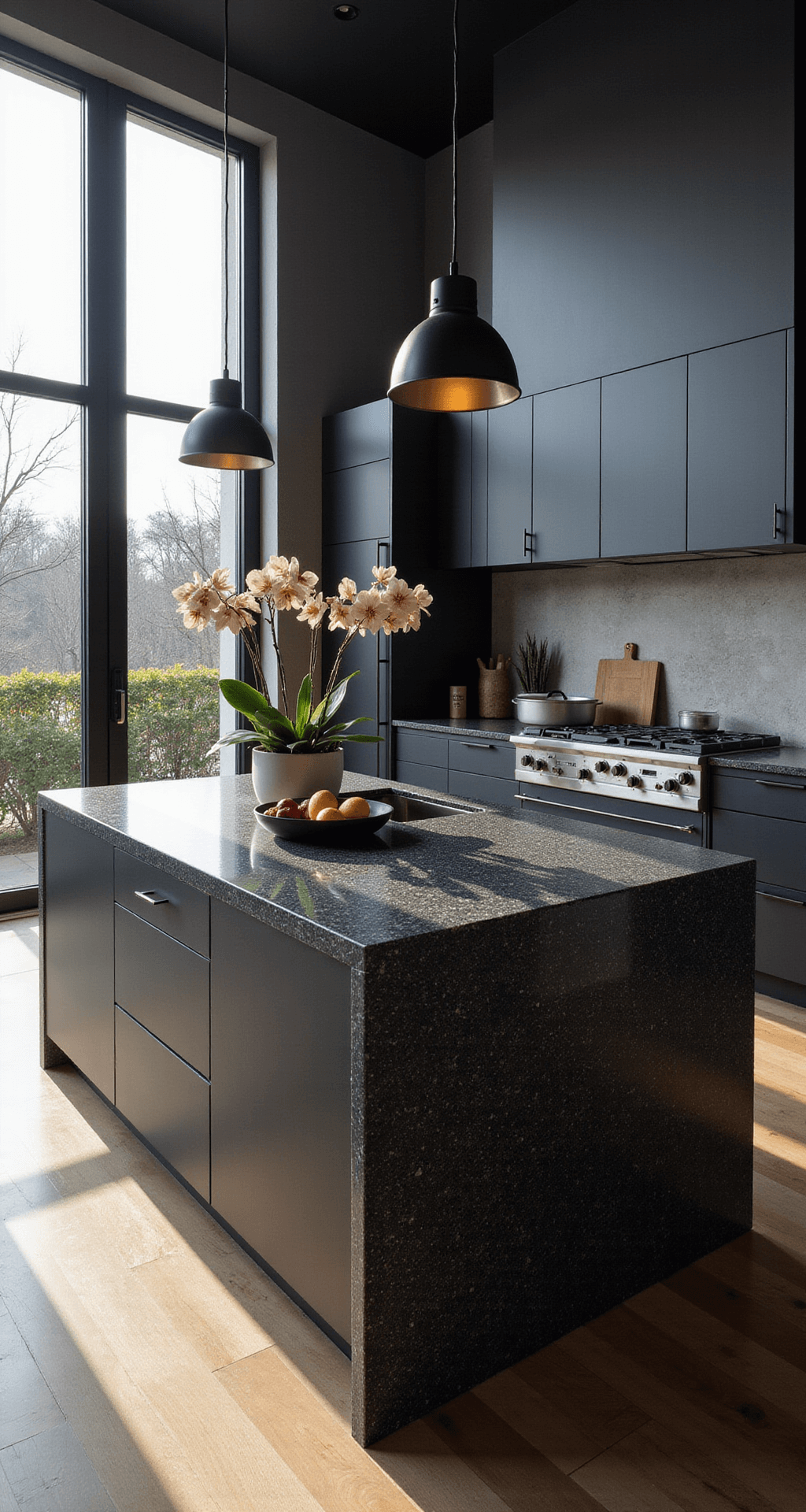 Spacious contemporary kitchen featuring a large 12ft dark charcoal quartz island, minimalist matte black cabinetry, and industrial-style black pendant lights, bathed in late afternoon light from steel-framed windows.
