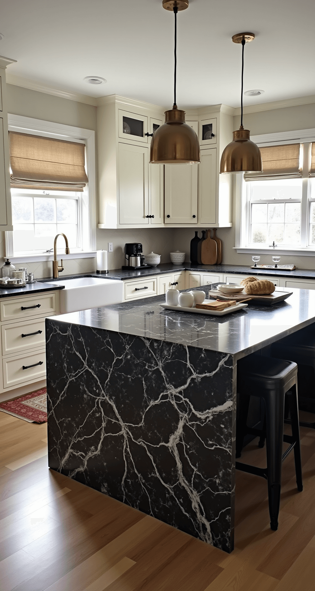Transitional kitchen featuring bold-veined Nero Marquina marble counters against cream cabinetry, with an L-shaped layout and a 9ft island with waterfall edges, illuminated by filtered midday light through Roman shades, complemented by vintage-style aged brass pendant lights and styled with white ceramics, dark bread boards, and silver accessories.