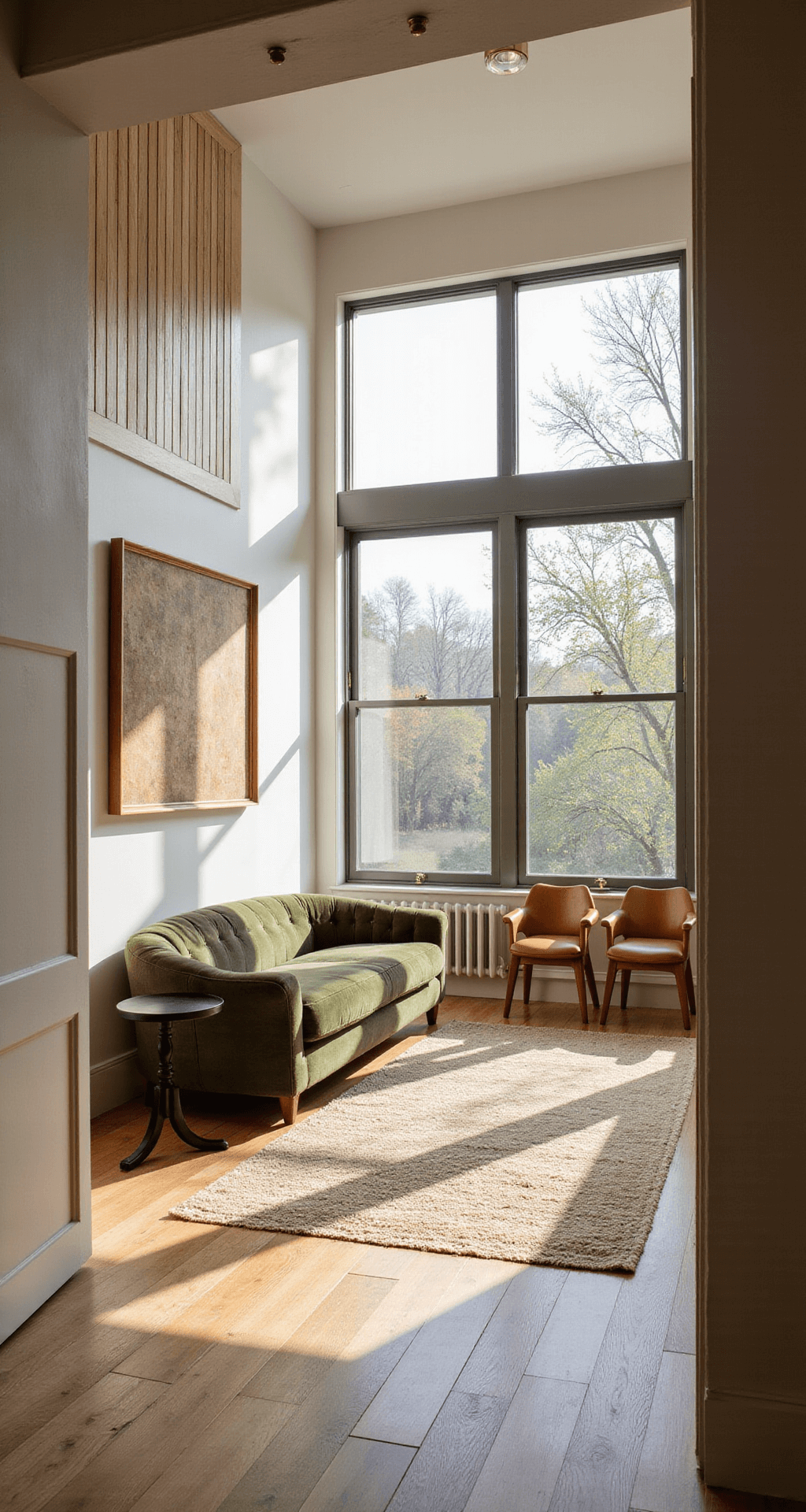 Ditch Dated Designs: Your Ultimate Guide to Timeless Home Decor in 2025 A bright living room featuring warm ivory plaster walls, 12ft ceilings, and wide-plank oak flooring, illuminated by late afternoon sunlight through floor-to-ceiling windows. The space is anchored by a deep olive bouclé sofa and vintage leather armchairs, with layered natural fiber rugs adding texture. A vertical wood slat accent wall in weathered oak complements minimal brass lighting fixtures. The camera captures the room's depth from the doorway, highlighting a sophisticated yet welcoming atmosphere.