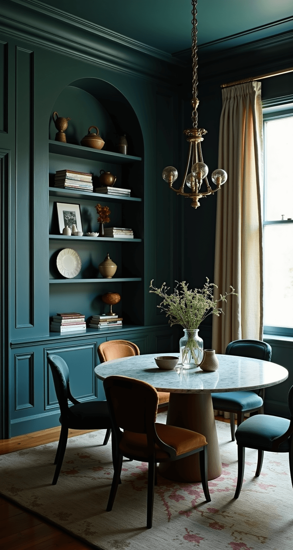 Ditch Dated Designs: Your Ultimate Guide to Timeless Home Decor in 2025 A moody dining room in deep teal featuring original crown molding, golden hour light filtering through sheer linen drapes, a round marble dining table on a vintage overdyed rug, a mix of modern and antique velvet chairs, and a brass chandelier with smoked glass globes casting dramatic shadows, alongside built-in shelving decorated with ceramics and art books.