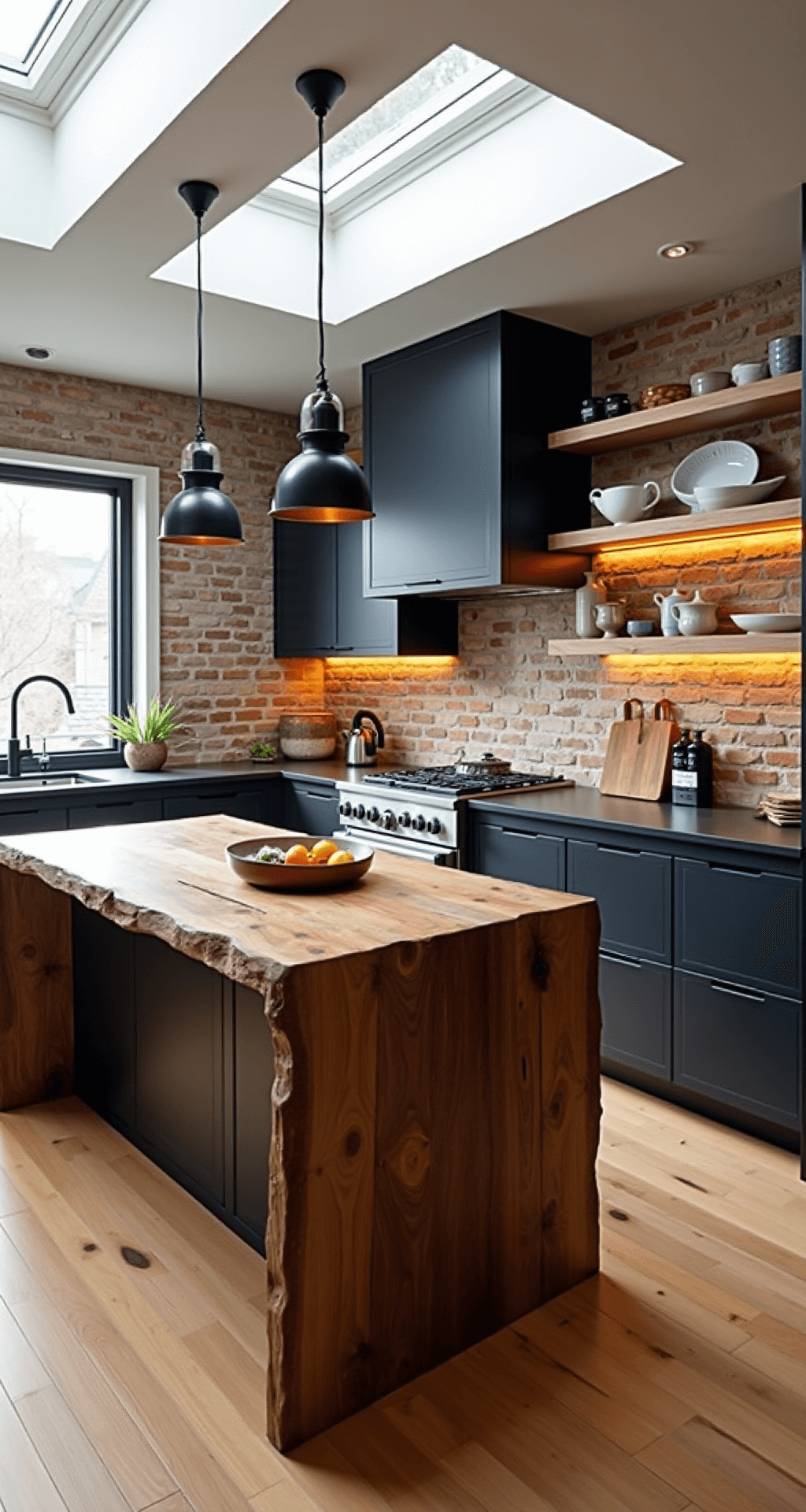 Ditch Dated Designs: Your Ultimate Guide to Timeless Home Decor in 2025 A modern sustainable kitchen measuring 15x18ft with 10ft ceilings, featuring a reclaimed wood island with waterfall edges, matte black cabinets, an exposed brick wall, and artisanal cookware on open shelving. Morning light streams through a skylight, highlighting hidden tech integrations and handmade ceramic pendant lights above the island. The scene is captured from counter height, showcasing an organic modern feel with industrial touches.