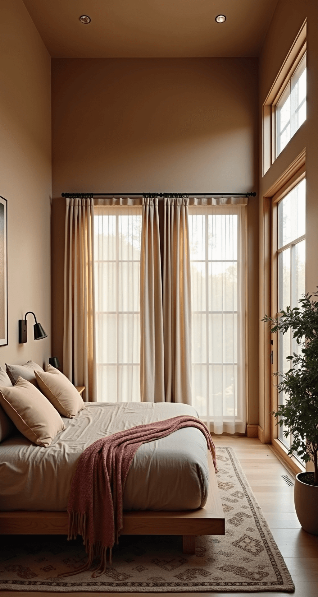 Ditch Dated Designs: Your Ultimate Guide to Timeless Home Decor in 2025 Primary bedroom sanctuary featuring a platform bed in natural oak, organic cotton bedding in clay and sand, and a vintage Moroccan rug. Soft dusk lighting through linen panels, minimalist sconces, and hidden speakers create a serene atmosphere with trailing plants in the corners. The low camera angle from the doorway emphasizes the bed as the focal point.