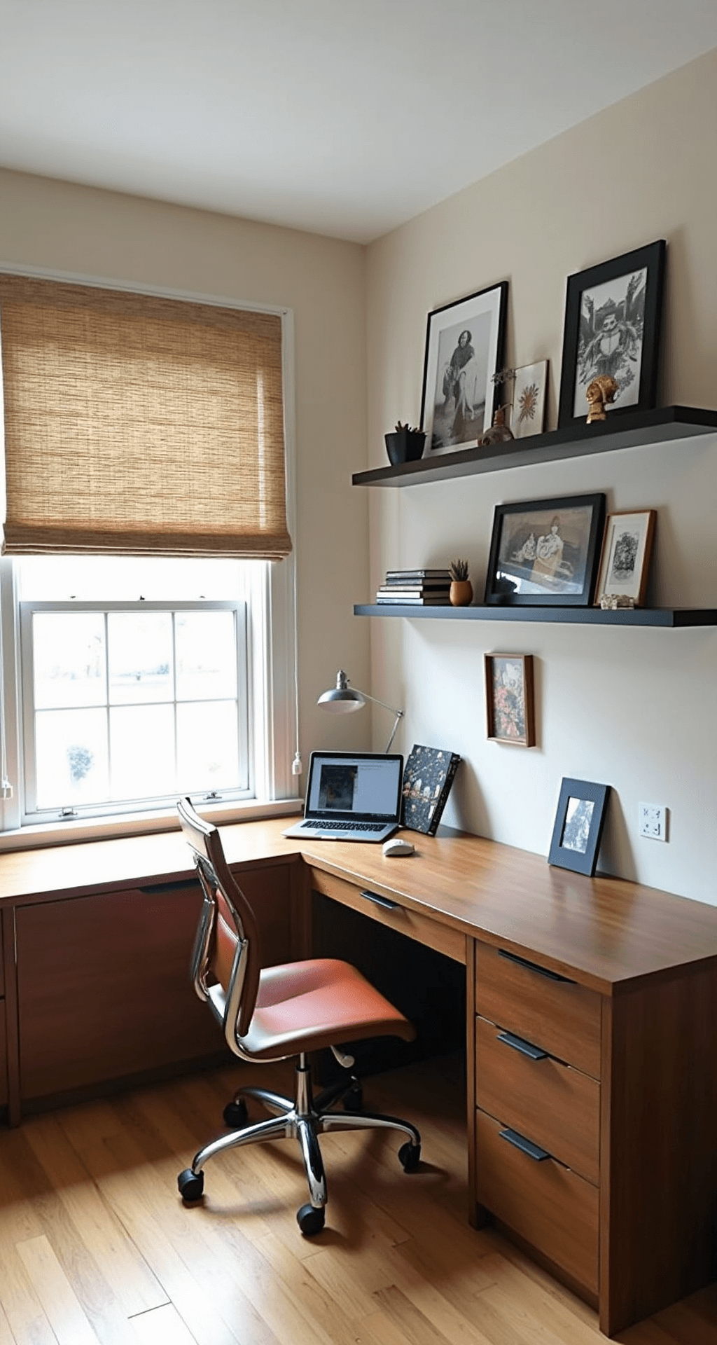 Ditch Dated Designs: Your Ultimate Guide to Timeless Home Decor in 2025 A cozy home office nook in an 8x10ft spare room, featuring warm walnut built-in desk, ergonomic cognac leather chair, and a gallery wall of black and white photography. Mid-morning light filters through a natural fiber roman shade, illuminating floating shelves with curated objects. The scene conveys a productive yet personal atmosphere.