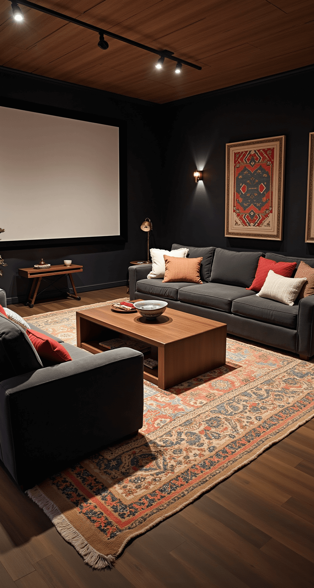 Ditch Dated Designs: Your Ultimate Guide to Timeless Home Decor in 2025 A cozy eclectic media room featuring a low-profile charcoal velvet sectional, layered vintage Persian and sisal rugs, and a ceiling with acoustic panels, all illuminated by ambient LED lights in an evening setting. The back corner perspective showcases a hidden projector, retractable screen, and mixed metal and wood side tables adorned with global textiles for added color and pattern.