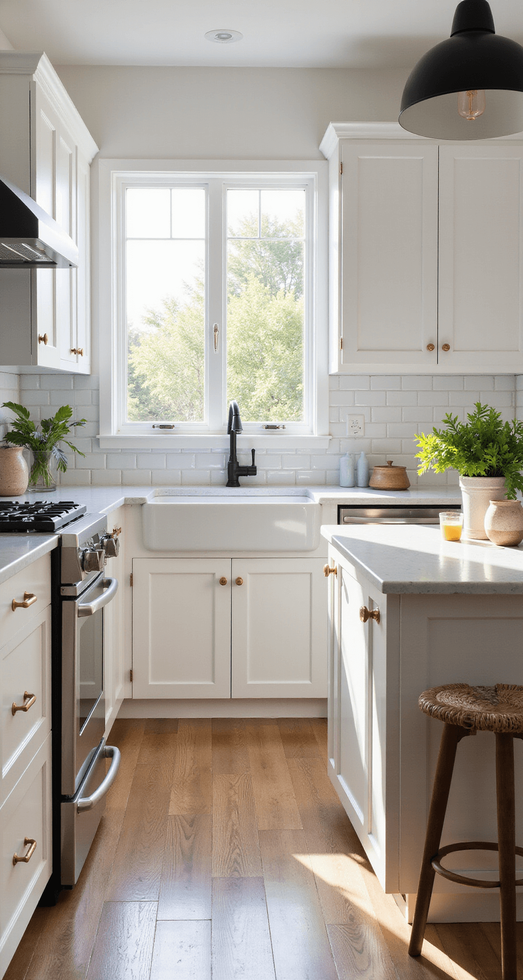 A bright, modern kitchen featuring white shaker cabinets, brass hardware, and a quartz waterfall island, captured during golden hour from a high angle, highlighting a styled coffee station with ceramic vessels and greenery.