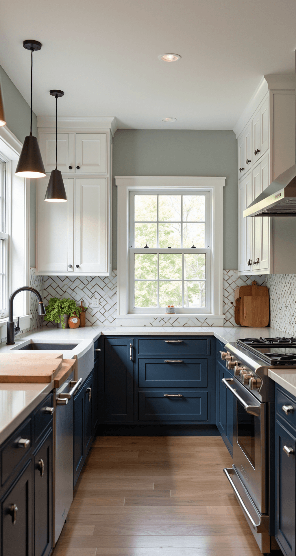 Mid-century modern kitchen with navy lower cabinets and white upper cabinets, featuring a 6ft island with a butcher block top, geometric pendant lights, herringbone subway tile backsplash, and vintage-inspired brushed steel appliances. The scene is captured in soft, warm morning light, emphasizing the clean lines and inviting atmosphere.