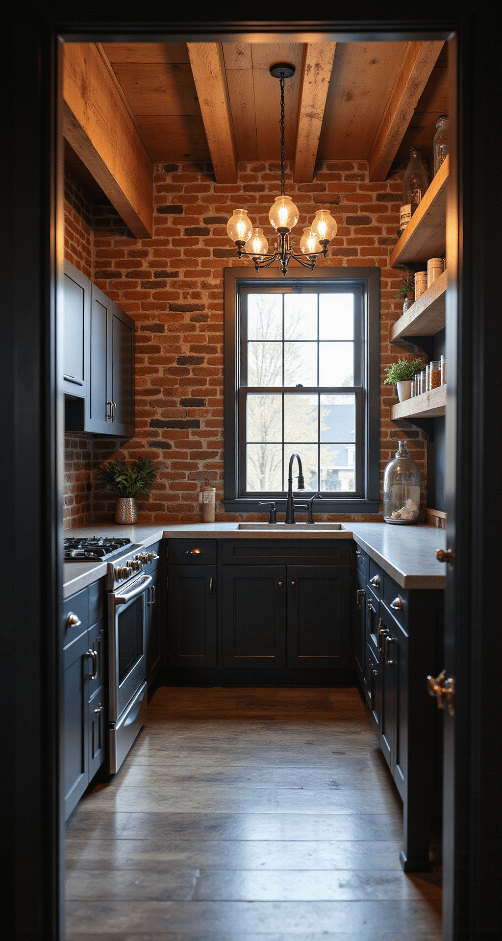 An industrial-style farmhouse kitchen featuring an exposed brick accent wall, reclaimed wood open shelving, and matte black cabinets paired with concrete countertops. The space is illuminated by a warm Edison bulb chandelier above a rustic dining table, with copper accents throughout. The image captures the room from the doorway during blue hour, showcasing depth through the window and emphasizing texture variations with a shallow depth of field.
