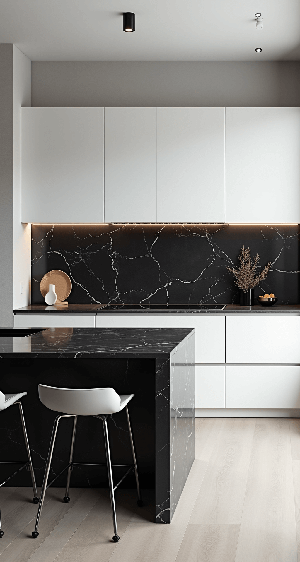 Contemporary minimal kitchen with handle-less white cabinets and a black marble backsplash, featuring a sleek island with waterfall edges, flooded with natural light from floor-to-ceiling windows, emphasizing geometric lines and a monochrome palette.