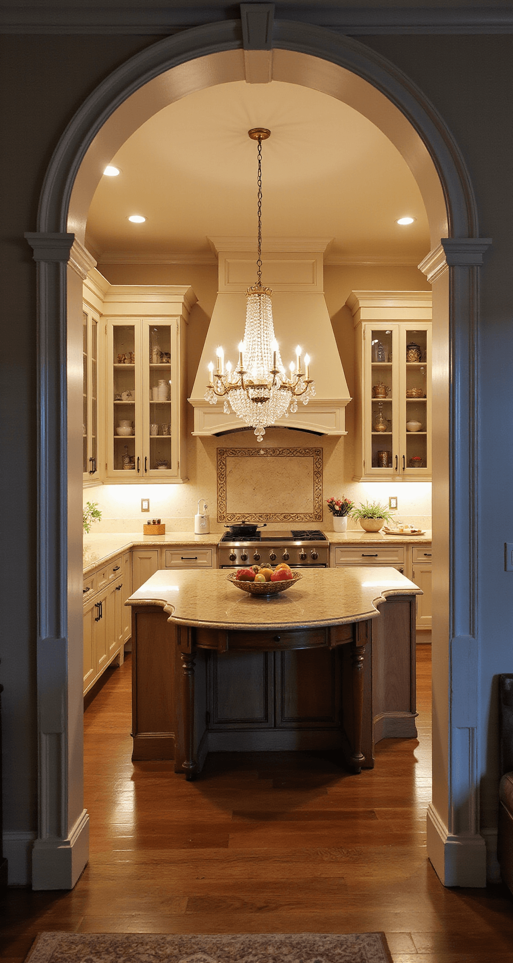 Elegant traditional kitchen at dusk viewed through an arched doorway, featuring custom cream cabinetry with glass fronts, a crystal chandelier over a circular breakfast nook, Calacatta gold marble countertops, and antique brass fixtures, all illuminated by warm under-cabinet lighting.