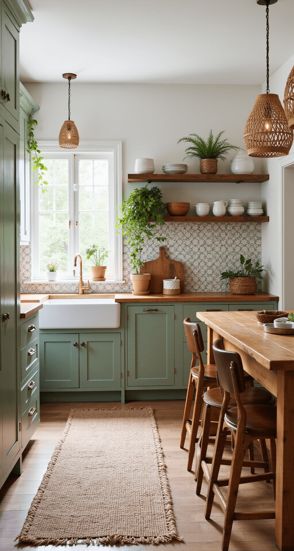 A cozy Bohemian-inspired kitchen featuring sage green cabinets, handmade zellige tile backsplash, rattan pendant lights, and a wooden island with leather barstools, all illuminated by morning light. The corner view highlights open shelving with ceramics and plants, alongside natural materials like a jute rug and woven baskets, showcasing layered textures.