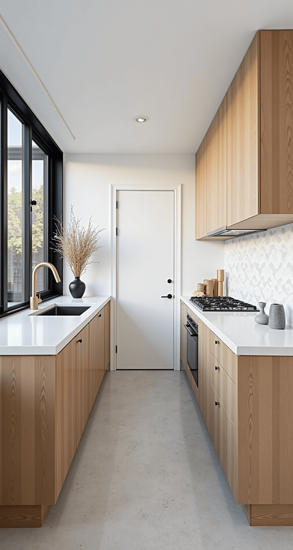 A Scandinavian-modern kitchen featuring blonde wood cabinets, white solid surface countertops, and black-framed floor-to-ceiling windows, with light grey polished concrete floors and minimalistic decor, including geometric ceramics and dried botanicals.