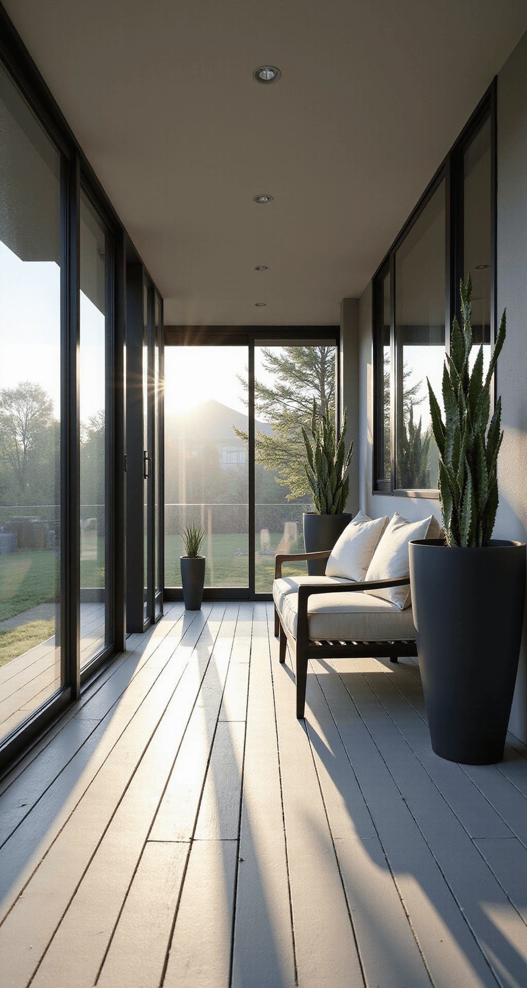 Wide-angle view of a modern minimalist front porch featuring a sleek black aluminum sofa with cream cushions, flanked by matte black planters with snake plants, and illuminated by early morning sunlight, creating a serene atmosphere with fog in the background.