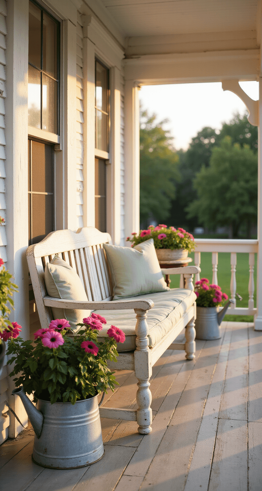 Low-angle view of a cozy wraparound farmhouse porch during golden hour, featuring a vintage white oak swing with sage green and cream striped cushions, weathered zinc watering cans with petunias, and sheer curtains tied with jute rope, all captured with warm natural lighting and a soft bokeh effect.