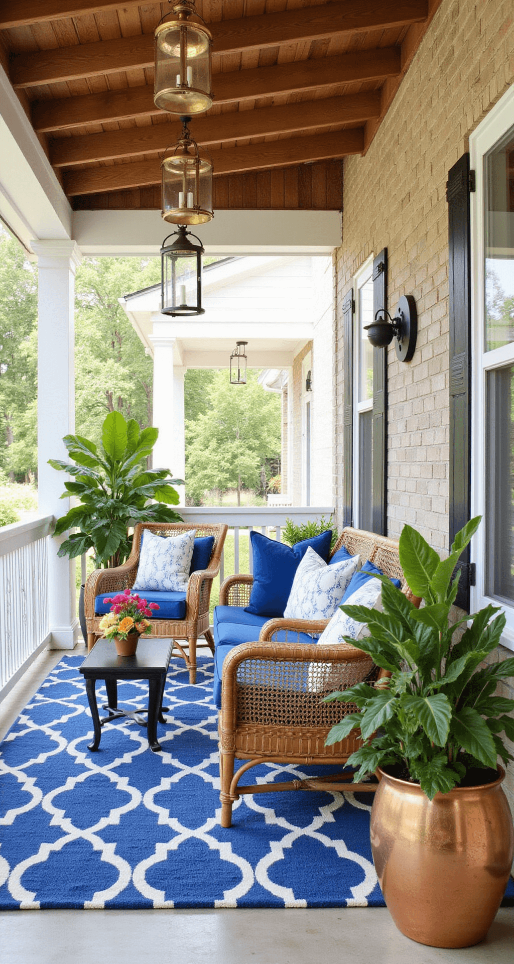 Eye-level view of an eclectic transitional porch featuring an indigo and white geometric outdoor rug, rattan and metal furniture, and vintage brass lanterns hanging from wooden beams, with tropical plants in copper planters and soft diffused light from semi-sheer curtains.