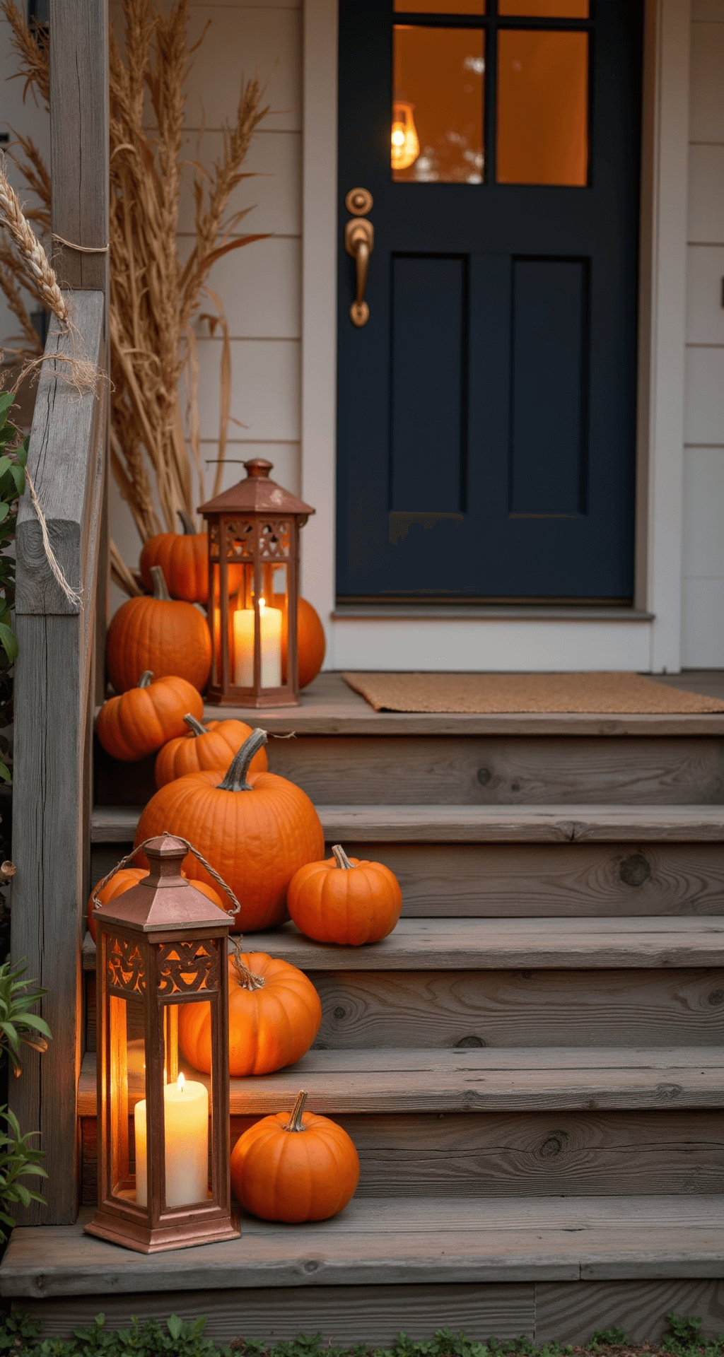 Close-up of an elevated autumn porch featuring heirloom pumpkins on reclaimed wooden steps, copper lanterns with LED candles, and dried corn stalks framing a navy door, captured from below for a dramatic perspective during golden hour.