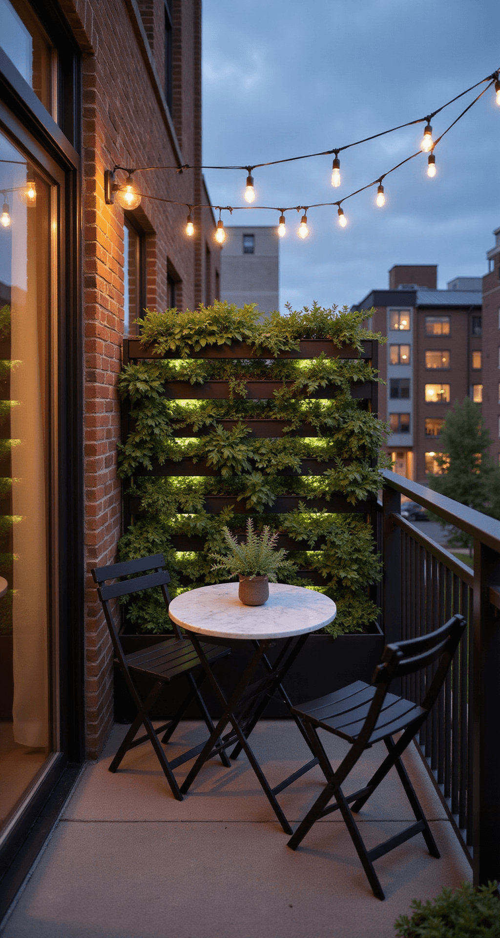 High-angle shot of a small urban porch featuring a black folding bistro set with a marble-top table, a vertical garden wall with LED lighting displaying herbs and succulents, and string lights overhead creating a warm bokeh effect at dusk.