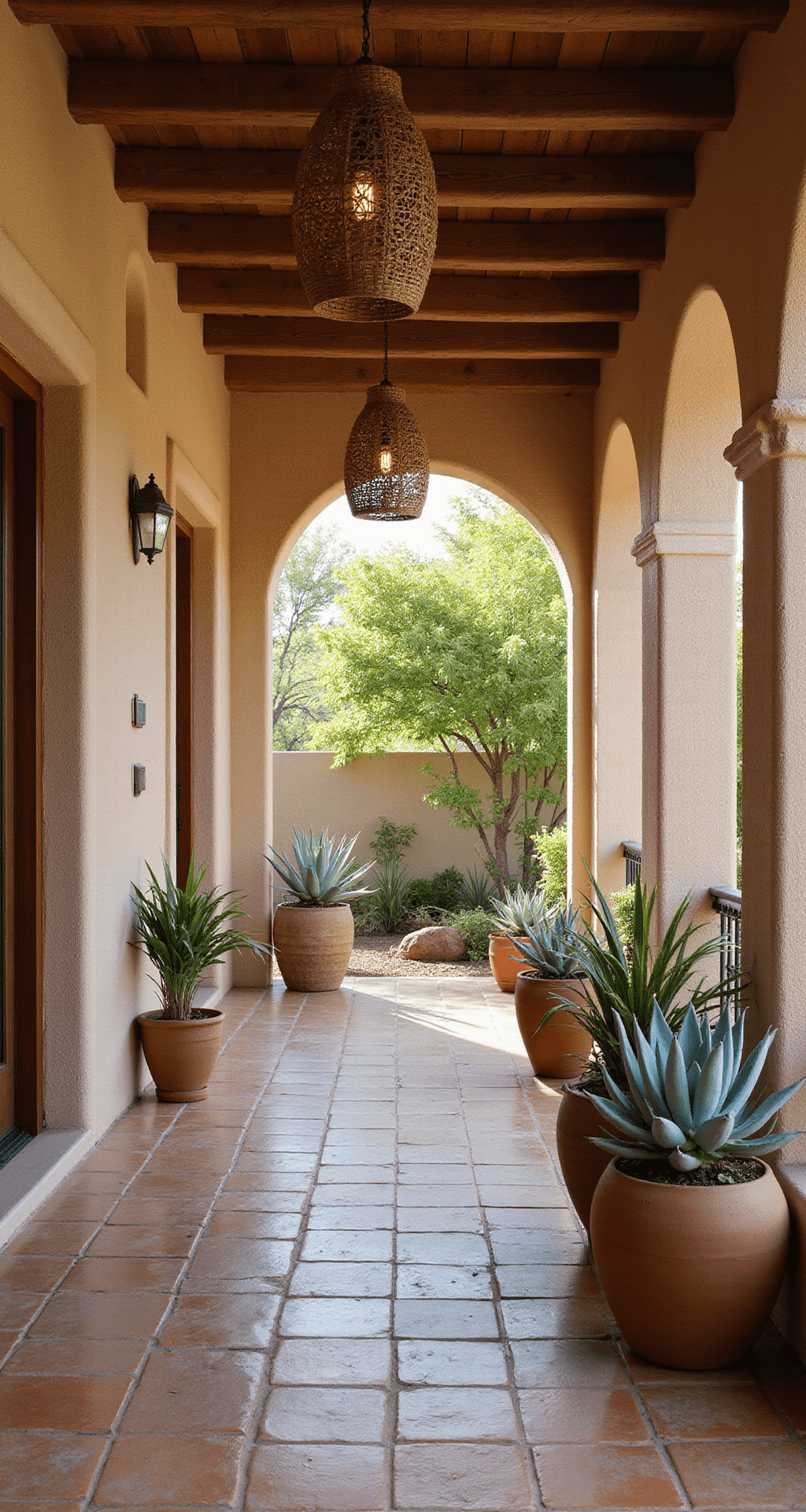 A wide shot of a covered desert porch with terra cotta tiles, adorned with large Southwestern pottery featuring silver-blue agave and desert spoon plants, illuminated by natural fiber pendant lights with softened shadows. The scene captures an earthy, organic atmosphere under the harsh midday sun.