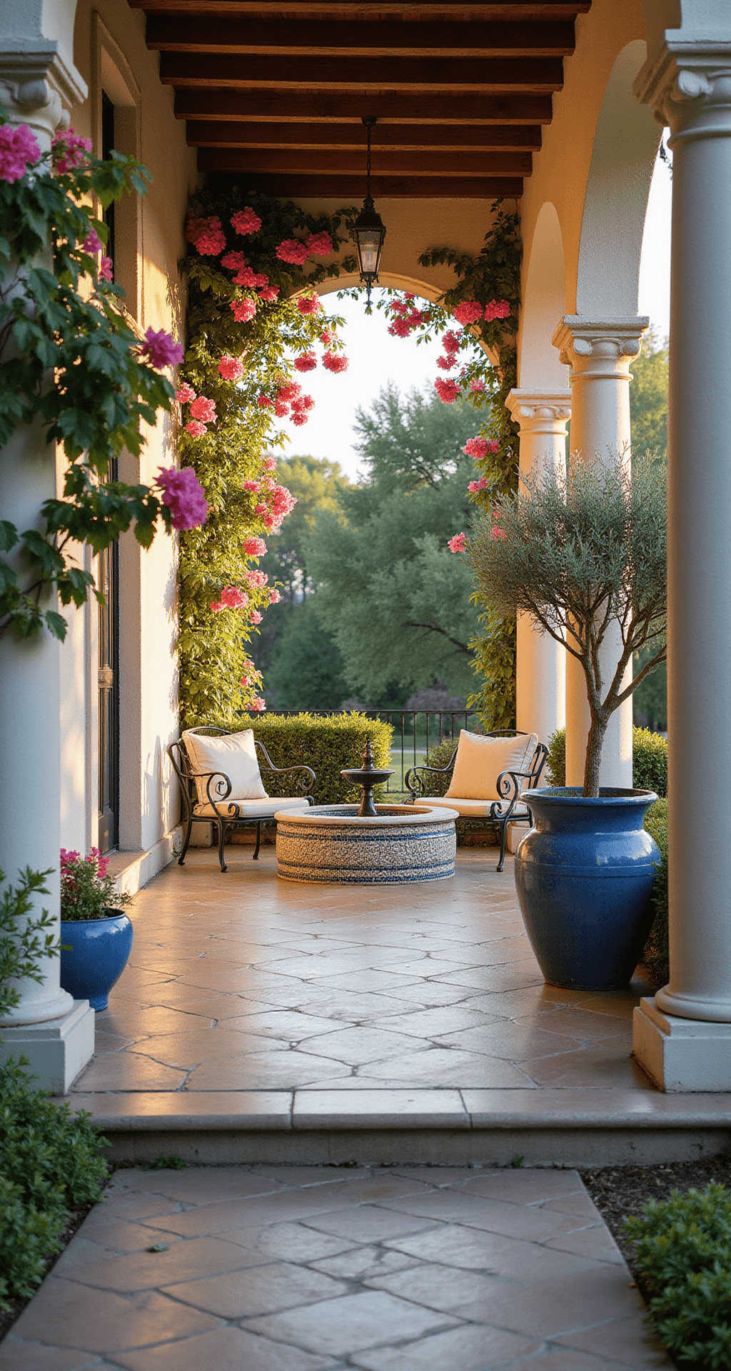 A low-angle view of a Mediterranean garden porch featuring whitewashed stone columns, blooming bougainvillea, blue-glazed pottery with olive trees and lavender, and wrought iron furniture with cream cushions around a mosaic tile fountain, bathed in golden hour light for a romantic ambiance.