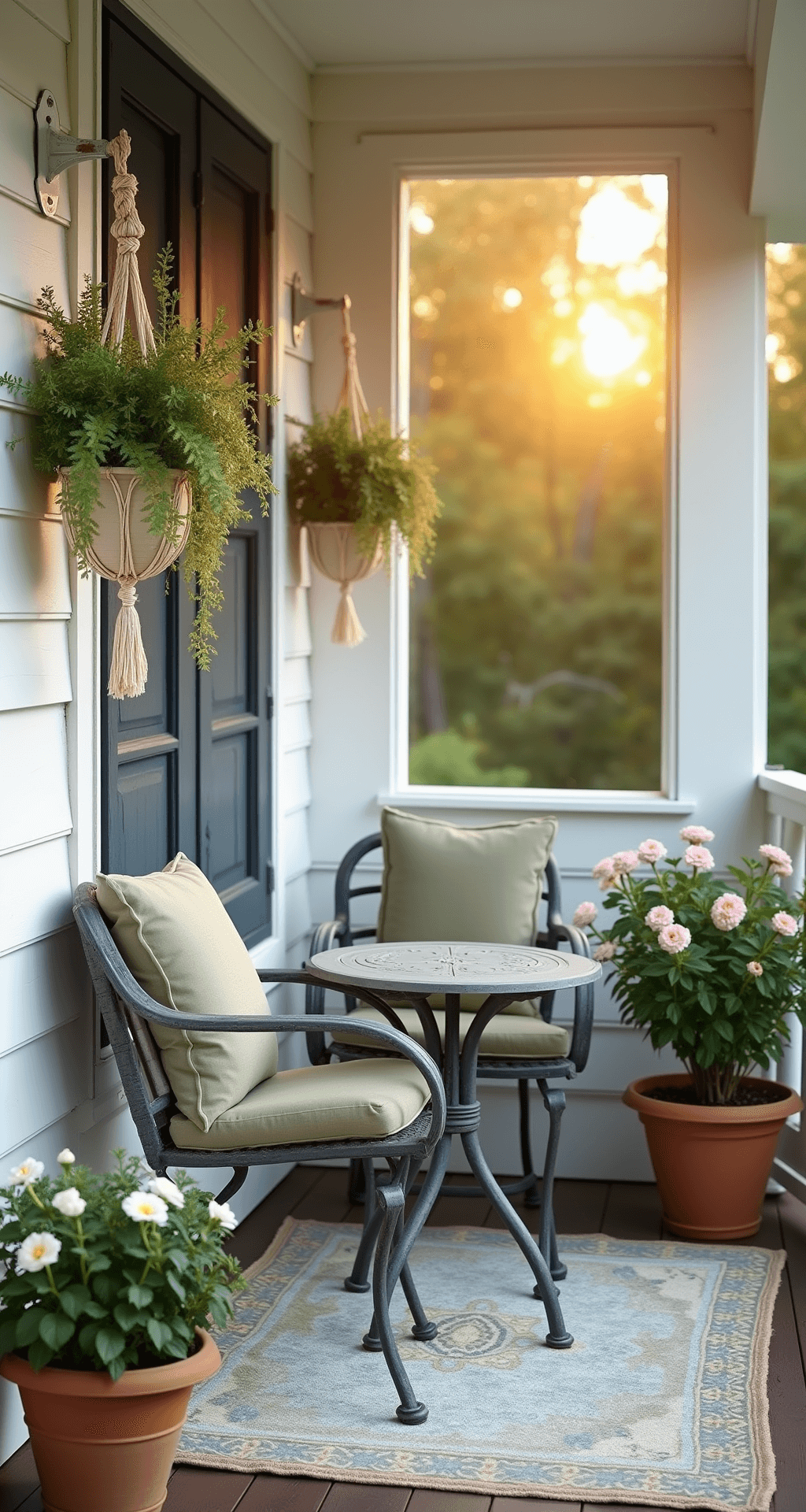 A low-angle shot of a cozy front porch at golden hour, featuring a weathered gray bistro set with sage cushions against white shiplap walls, hanging Boston ferns, a vintage-style rug, and stacked terra cotta planters with cascading petunias, with warm sunlight emphasizing textures.