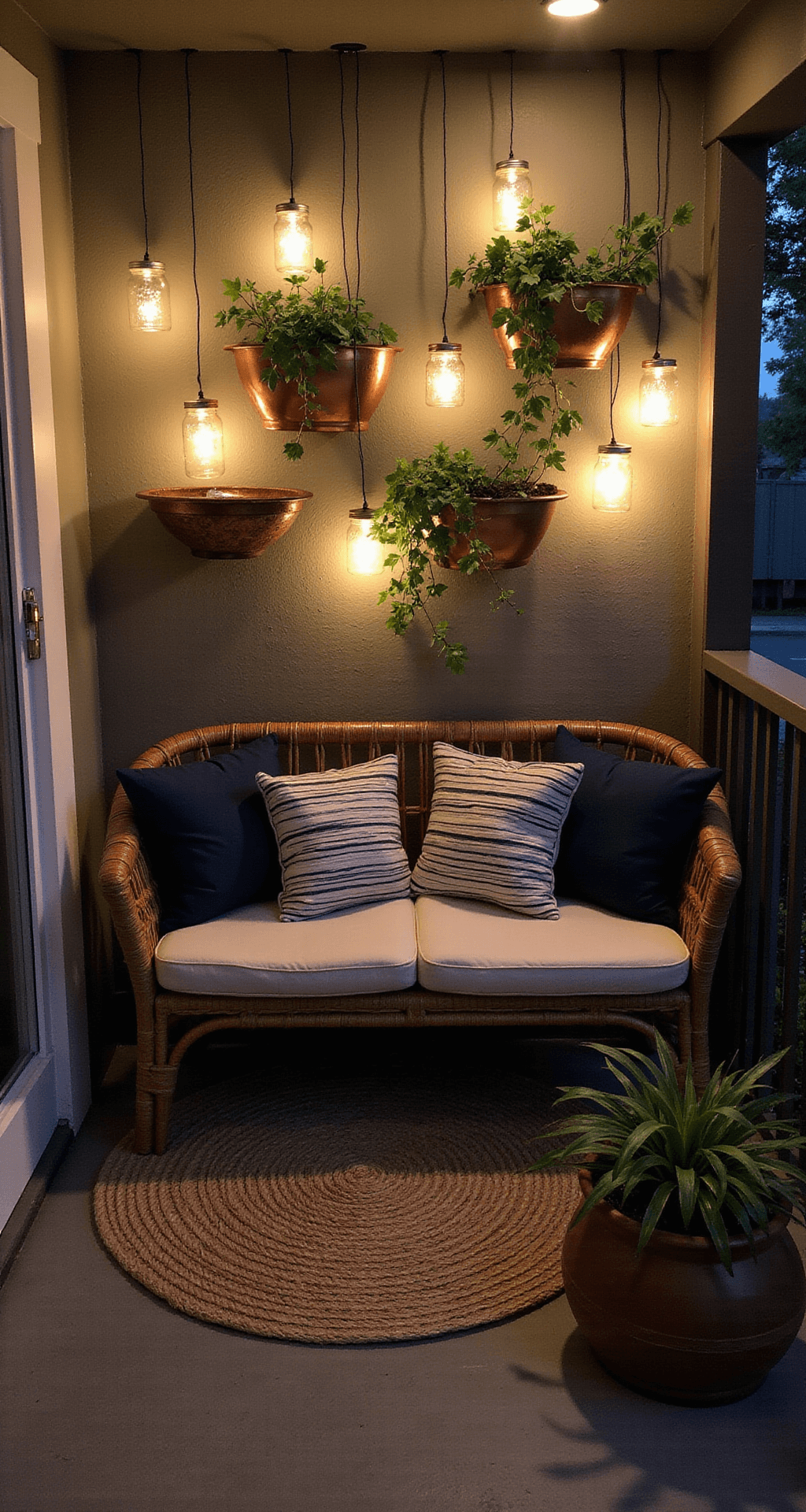 Intimate evening scene on a 5x7ft side porch, featuring mason jars with fairy lights, a slim rattan bench with ivory and navy striped cushions, a vertical garden wall with copper planters, and a jute rug, all illuminated by soft artificial lighting during blue hour.