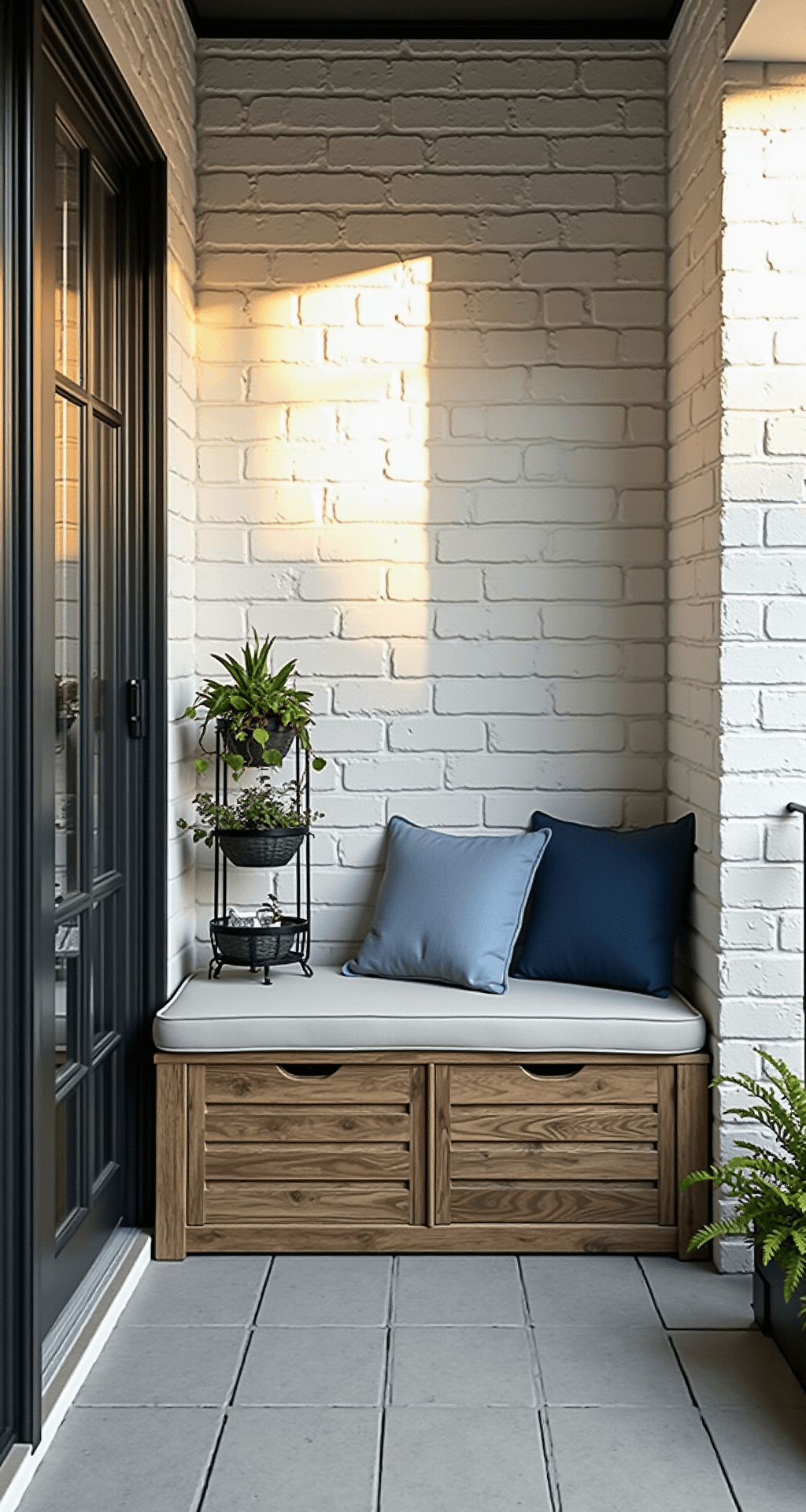High-angle view of a 7x4ft urban porch nook featuring a weathered teak storage bench with French blue cushions, a tiered wrought iron plant stand with succulents and herbs, and white-washed brick walls with black metal accents, all illuminated by soft morning light.