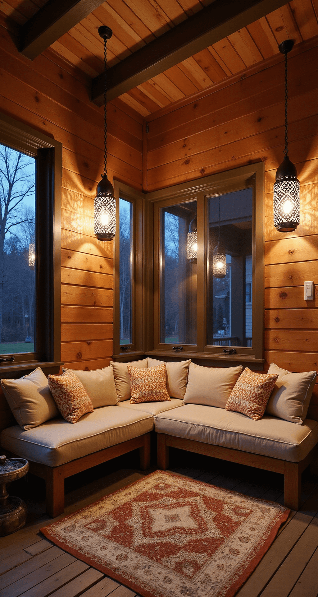 Dusk portrait of a corner porch featuring built-in L-shaped seating in greige performance fabric, Moroccan-style lanterns casting shadows on cedar walls, and layered cream and terracotta rugs, illuminated by mixed ambient and warm lighting.