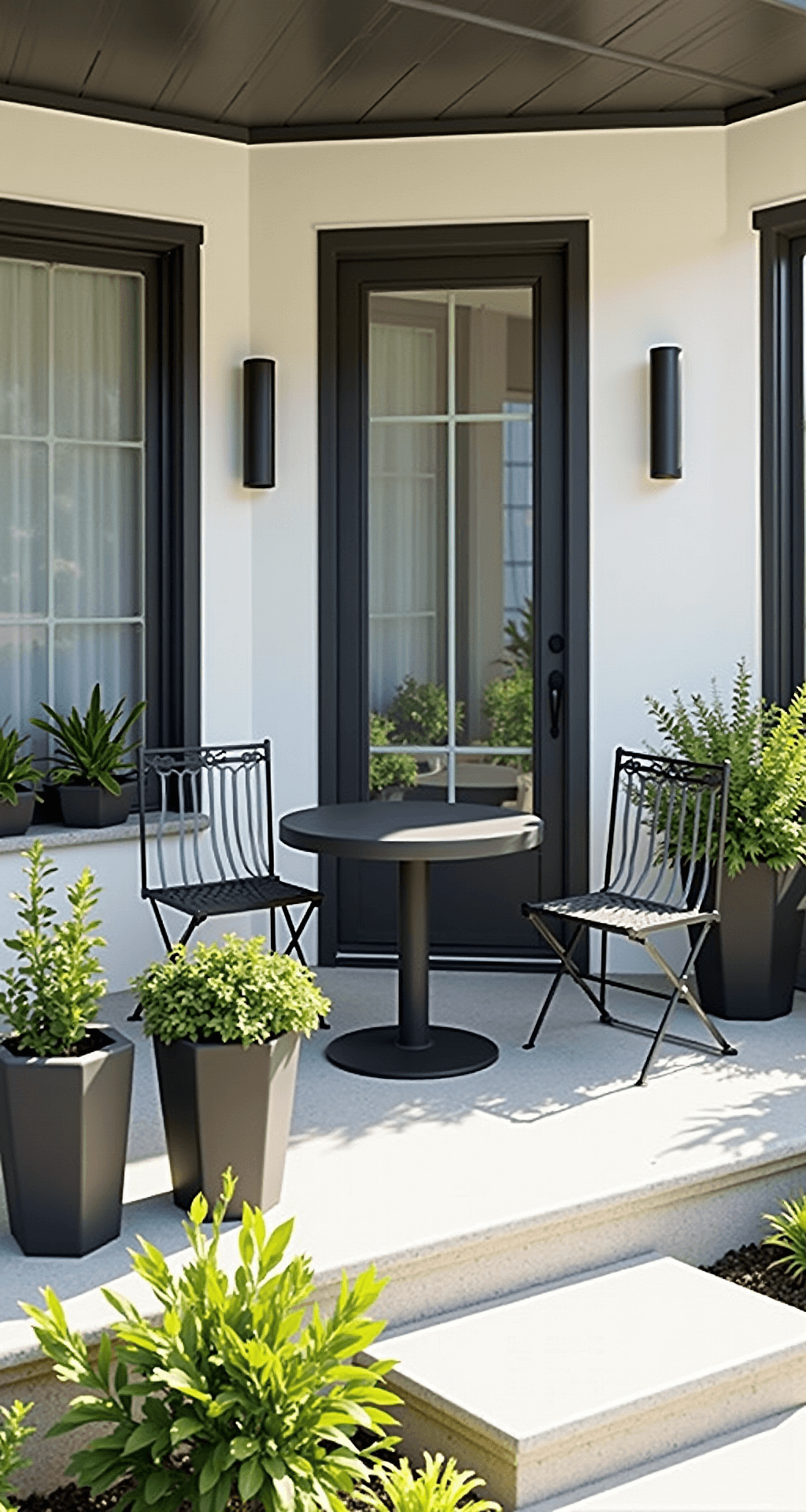 A stylish, sunlit modern porch featuring minimalist black metal bistro chairs and a round concrete table, surrounded by geometric planters with architectural plants, sleek sconces beside a contemporary door, and sheer curtains diffusing harsh midday light.